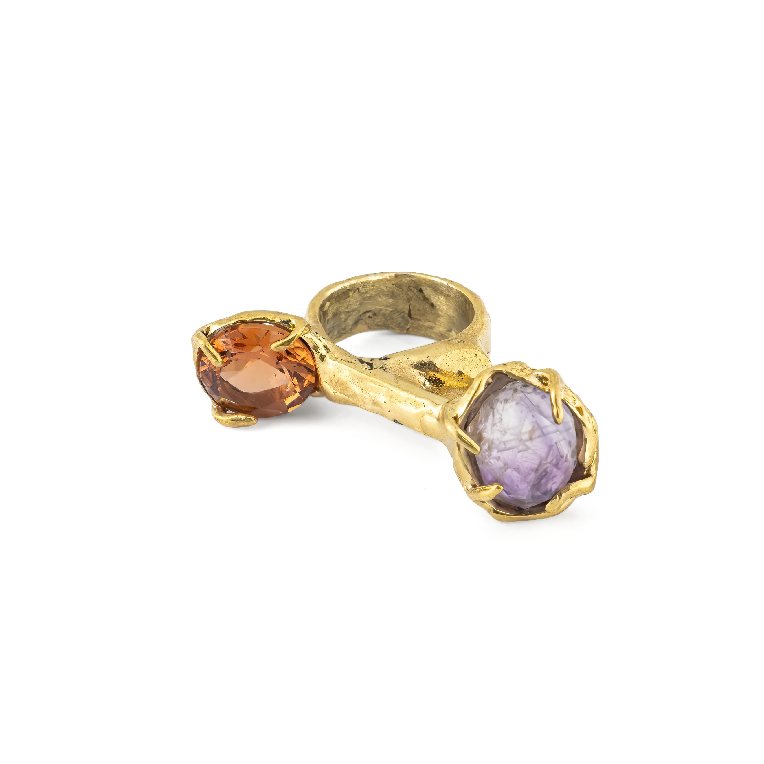 Brass ring with inserts: amethyst and synthetic sultanite