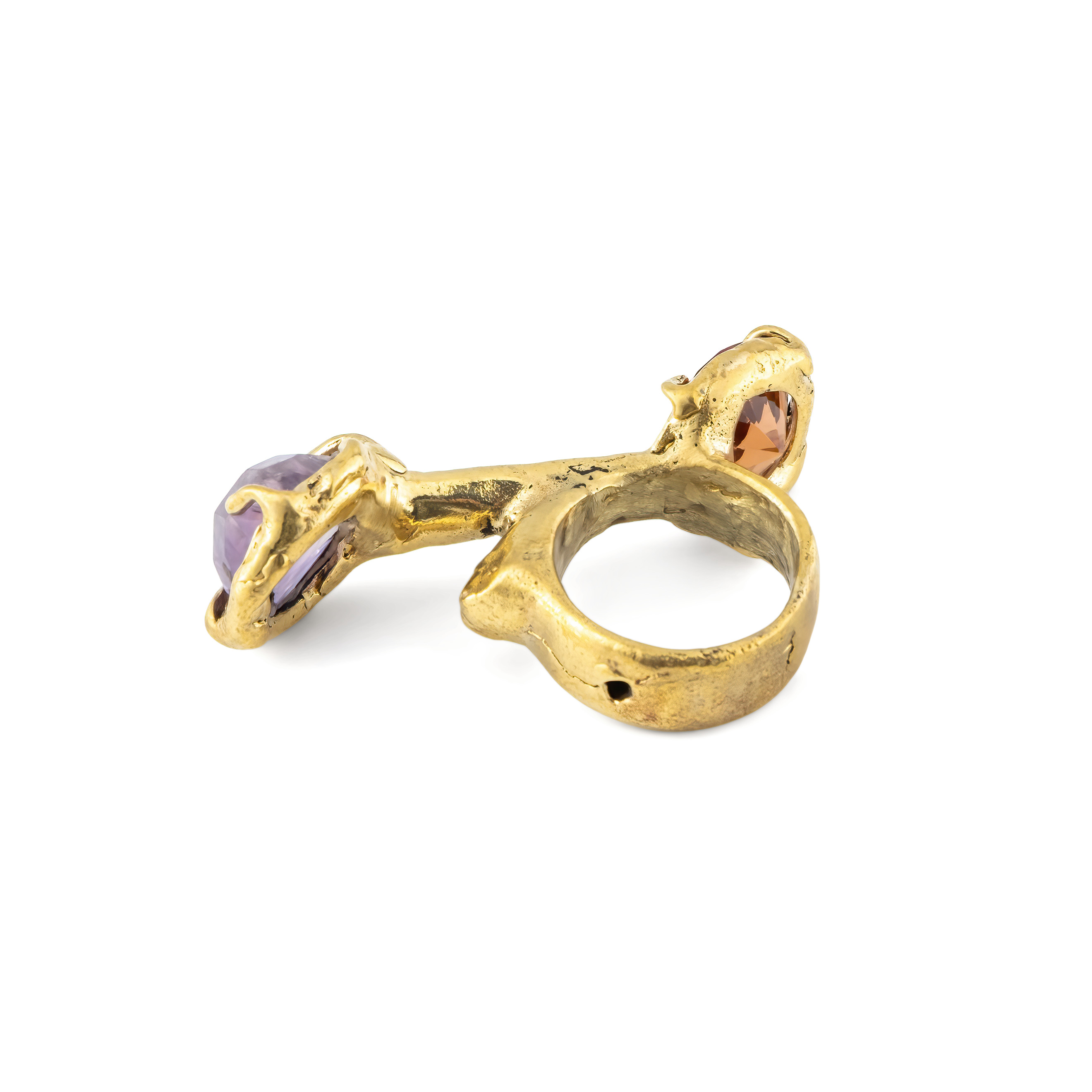 Brass ring with inserts: amethyst and synthetic sultanite