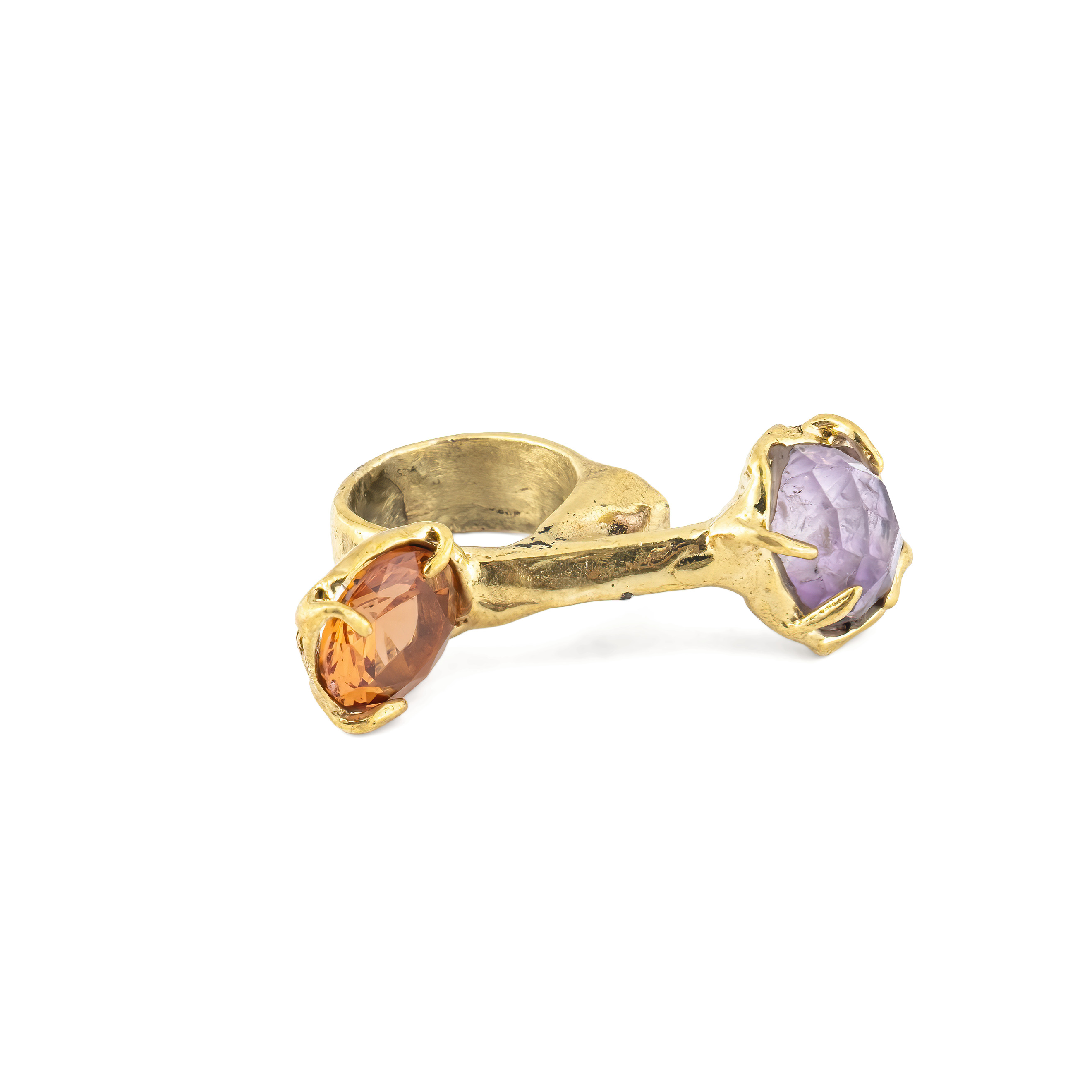 Brass ring with inserts: amethyst and synthetic sultanite