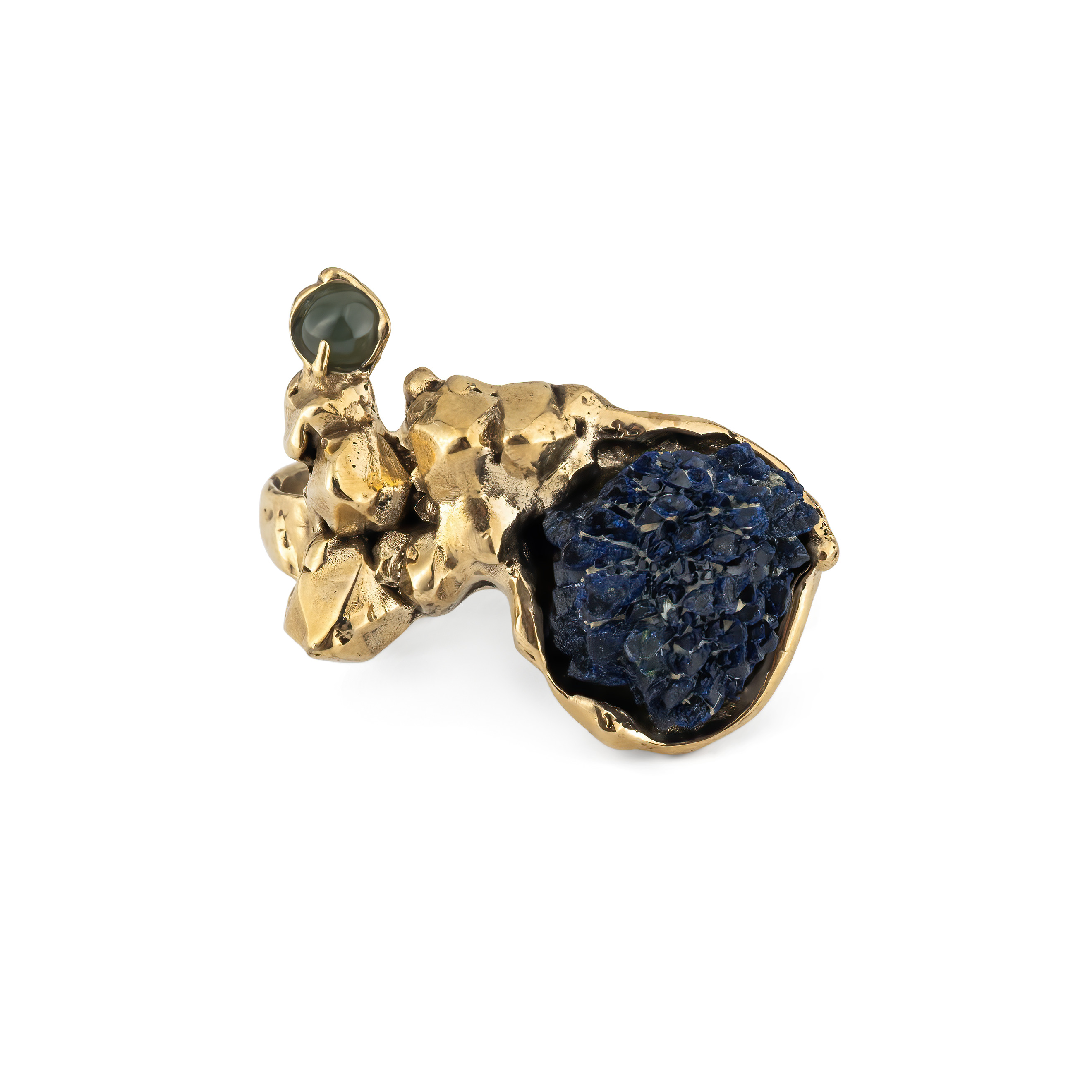 Brass ring with inserts: azurite and quartz