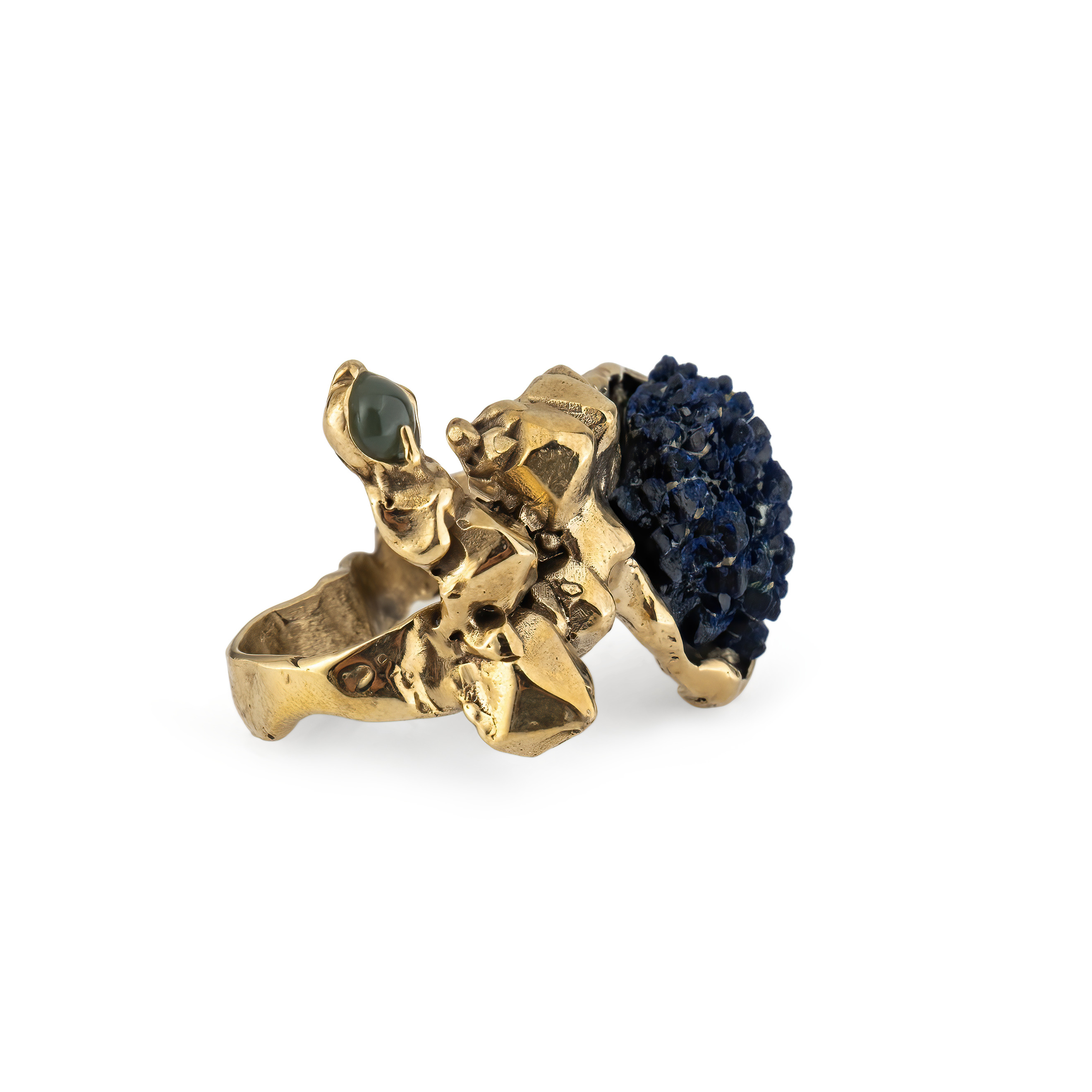 Brass ring with inserts: azurite and quartz