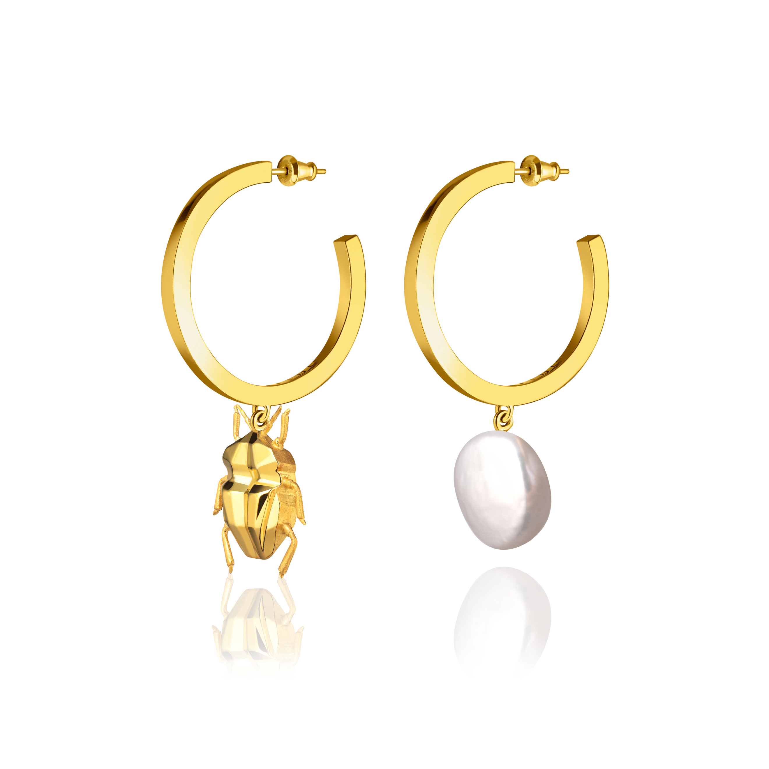 Асимметричные серьги BUG gold Серебро 925, позолота 24K, нат. жемчуг
