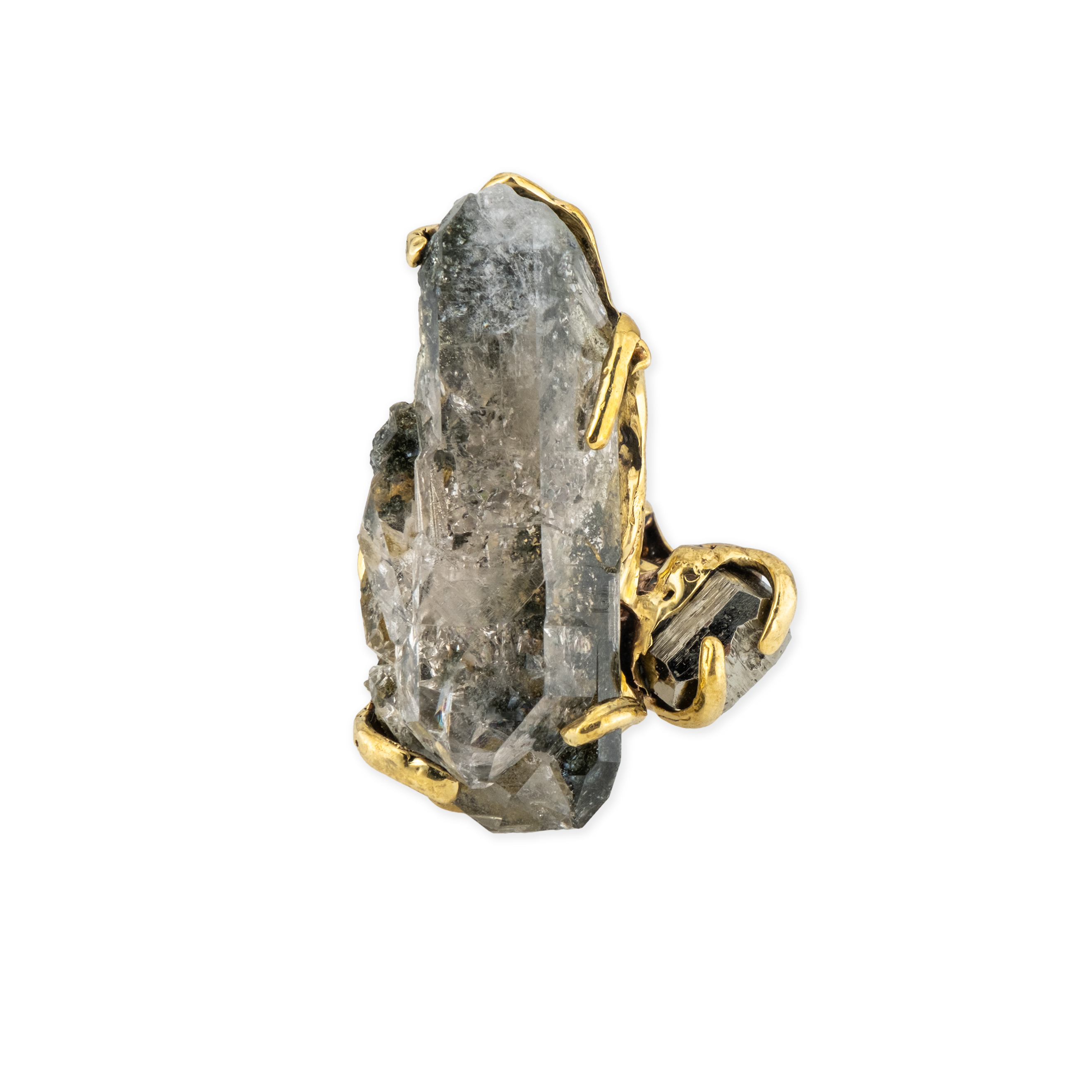 Brass ring with inserts: quartz and pyrite