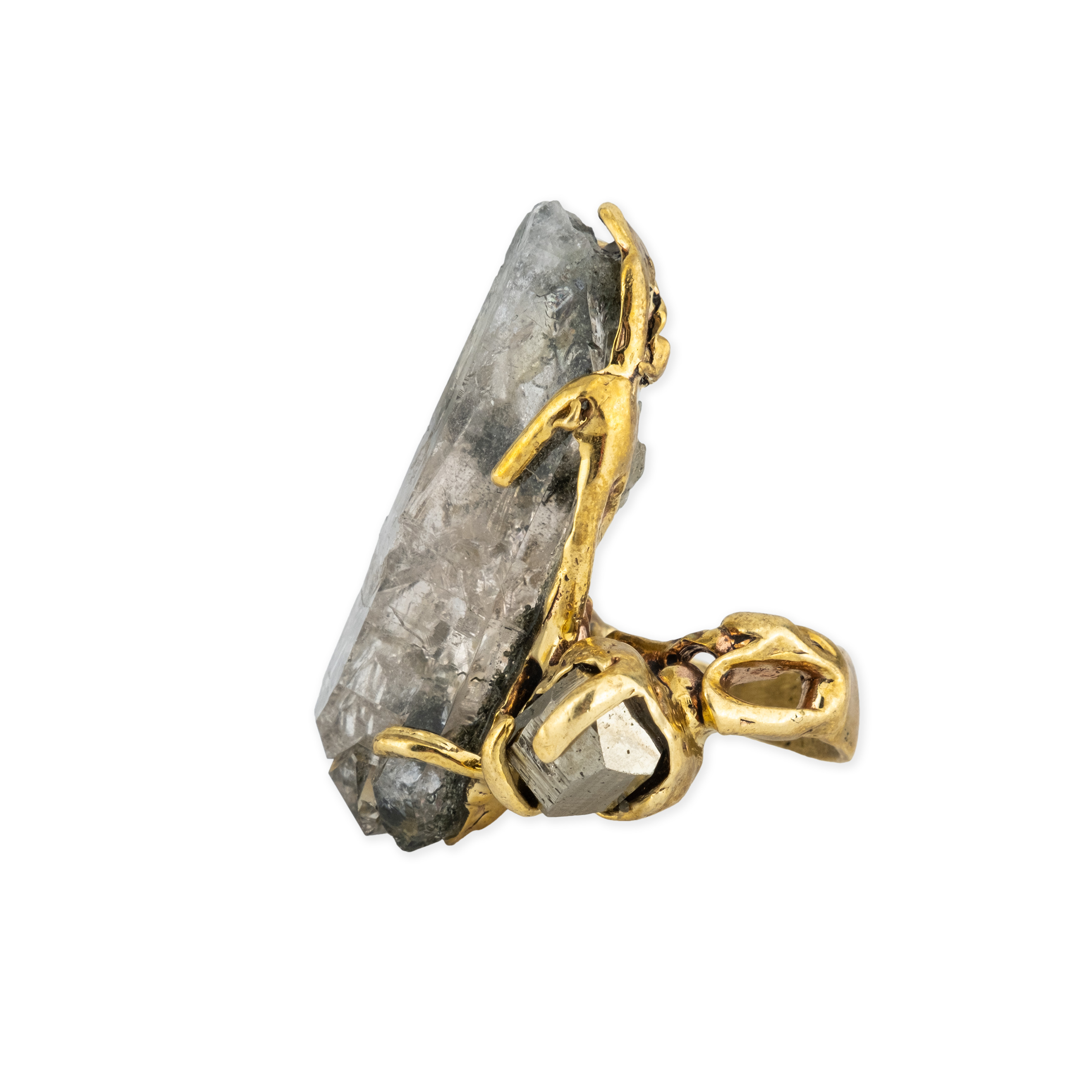 Brass ring with inserts: quartz and pyrite