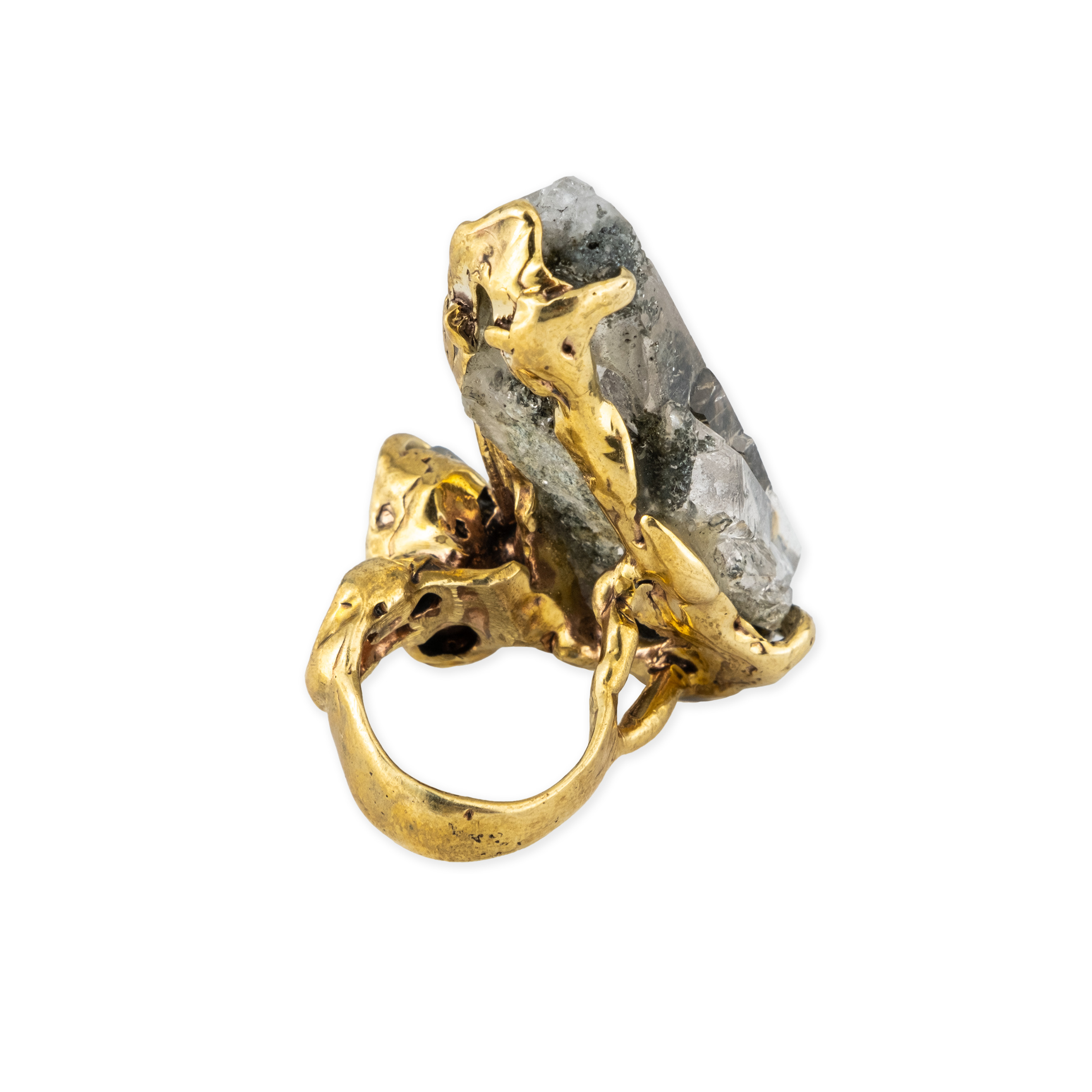 Brass ring with inserts: quartz and pyrite