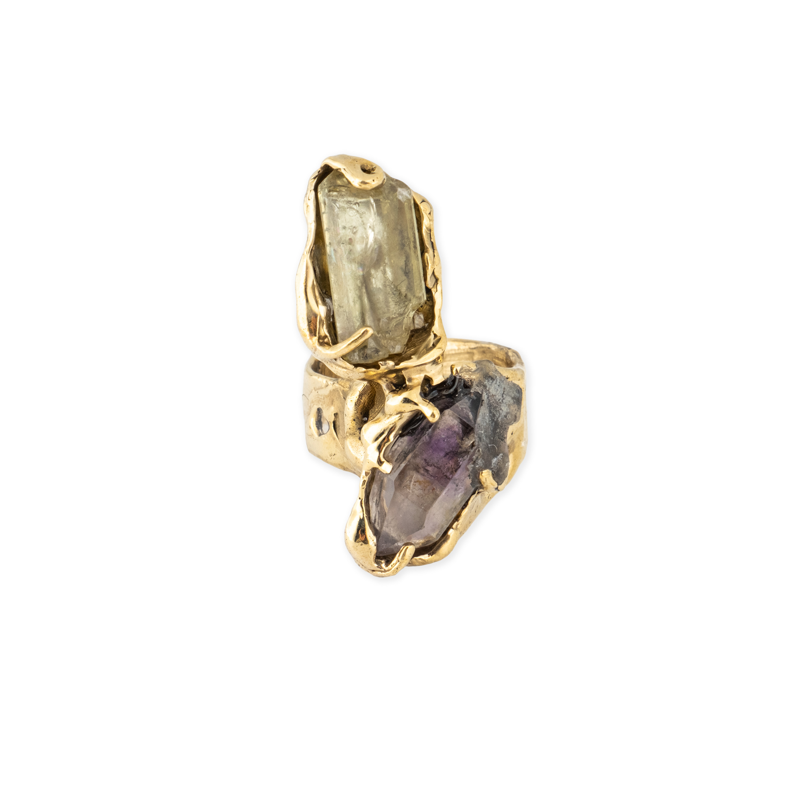 Brass ring with inserts: amethyst and citrine