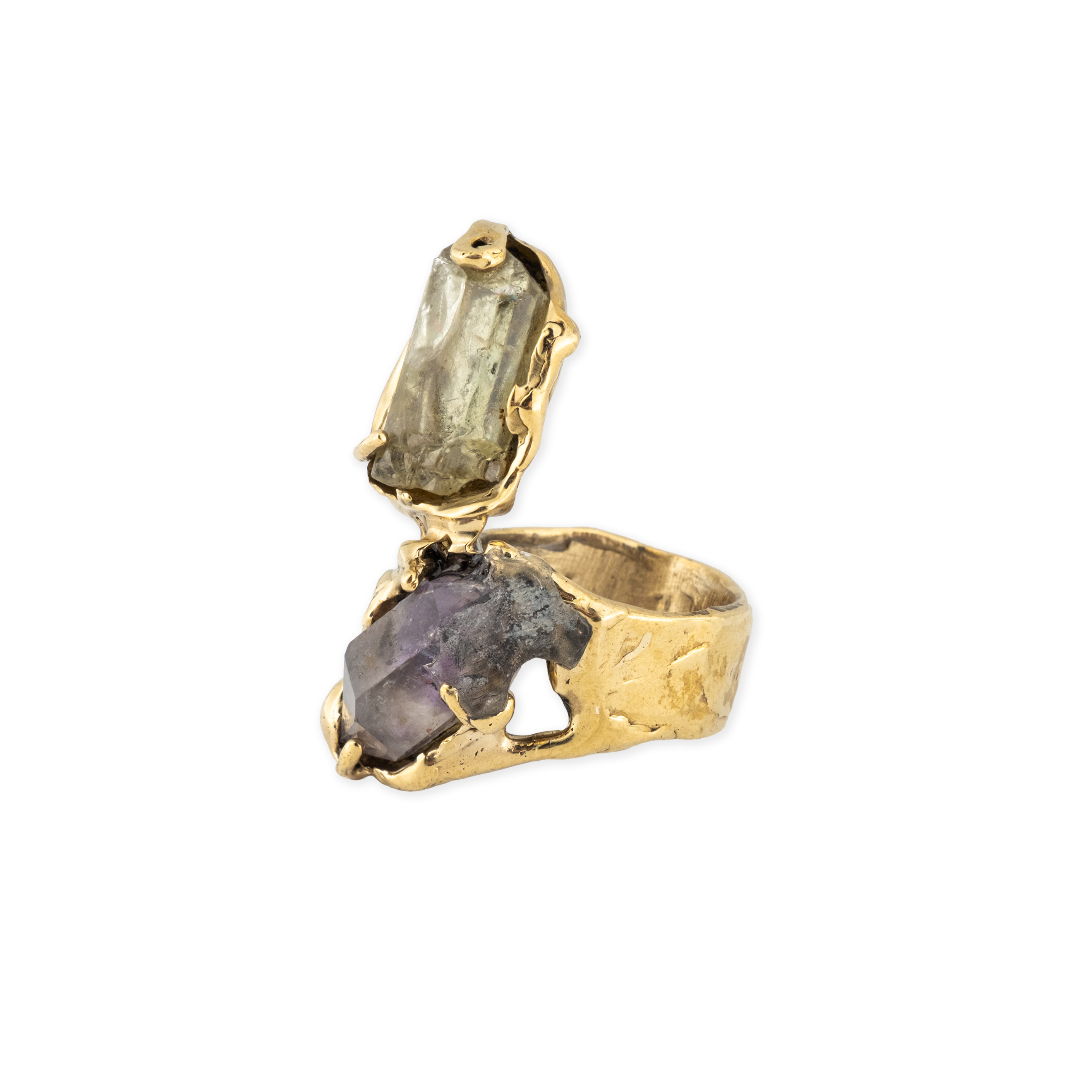 Brass ring with inserts: amethyst and citrine