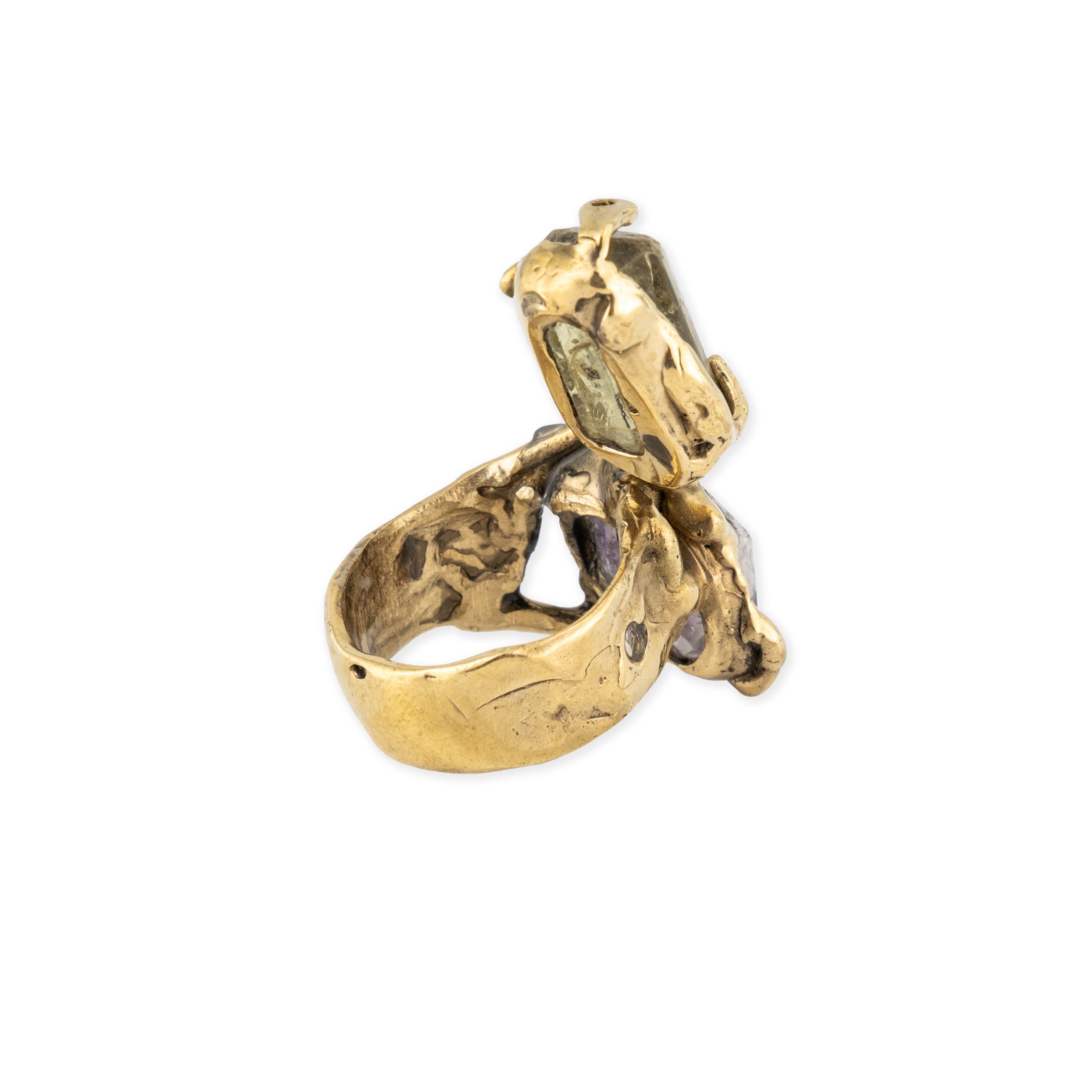 Brass ring with inserts: amethyst and citrine