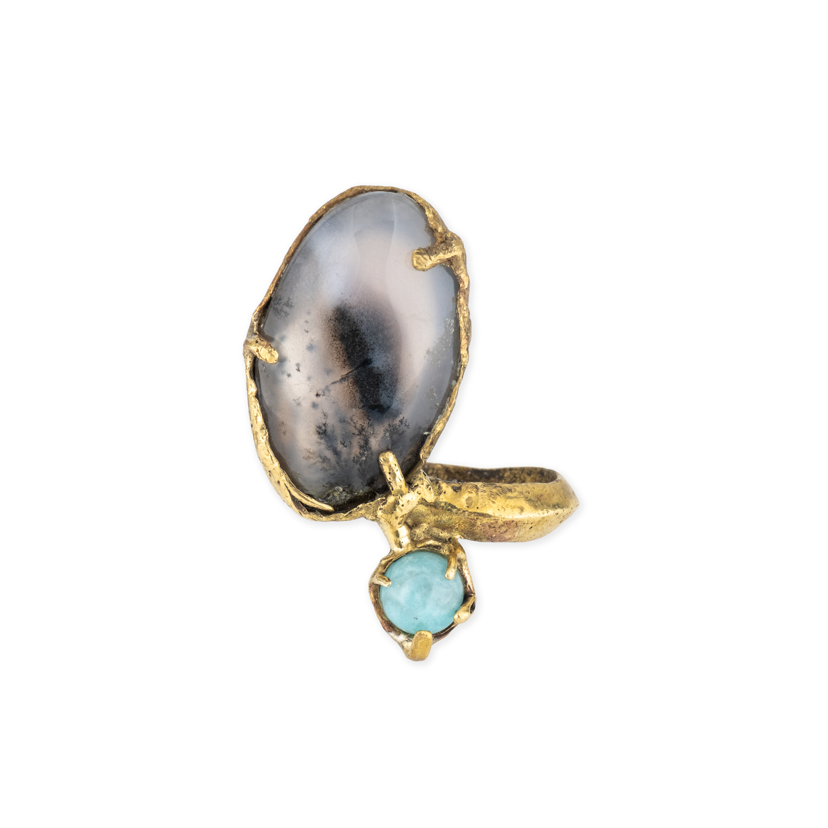 Brass ring with inserts: agate and quartz