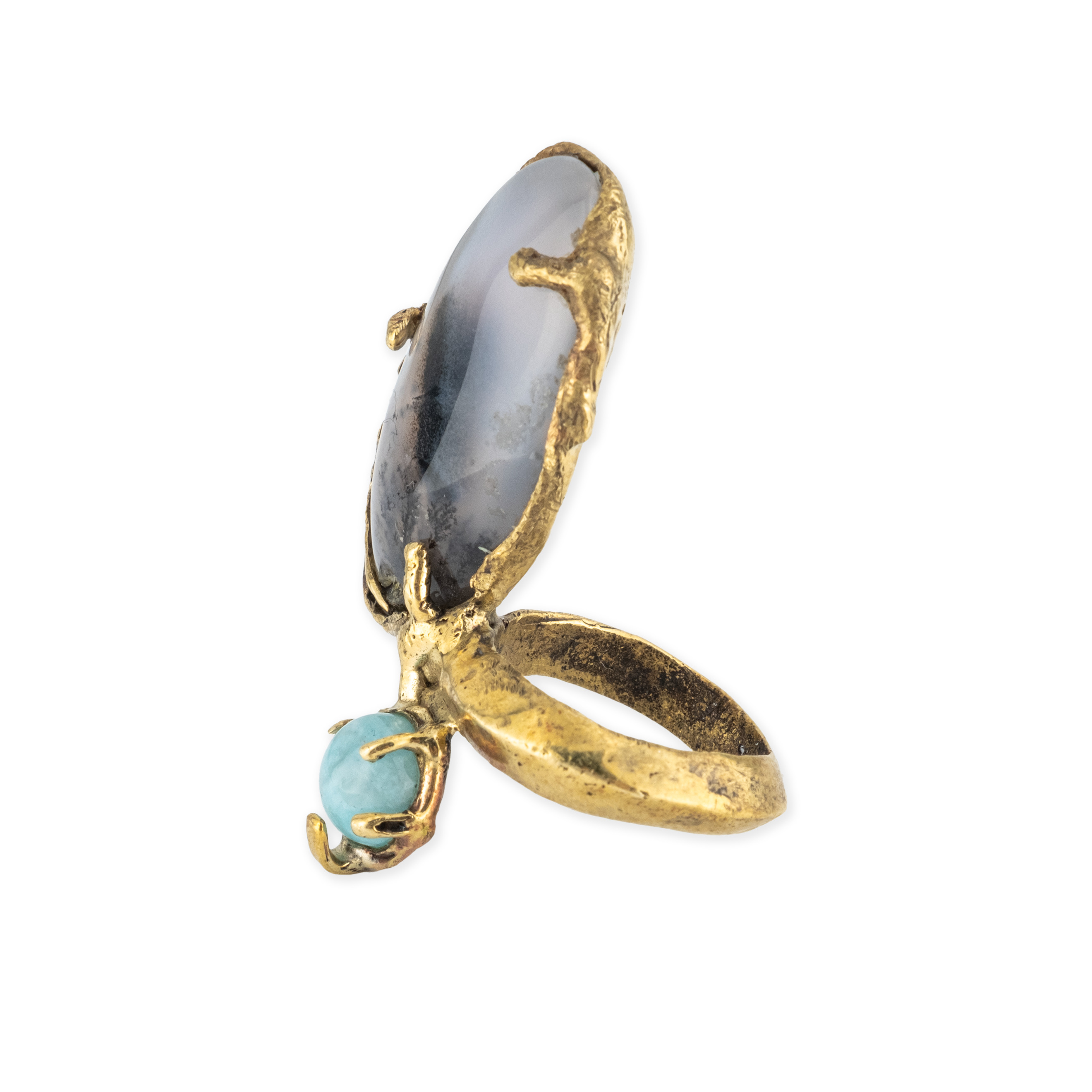 Brass ring with inserts: agate and quartz
