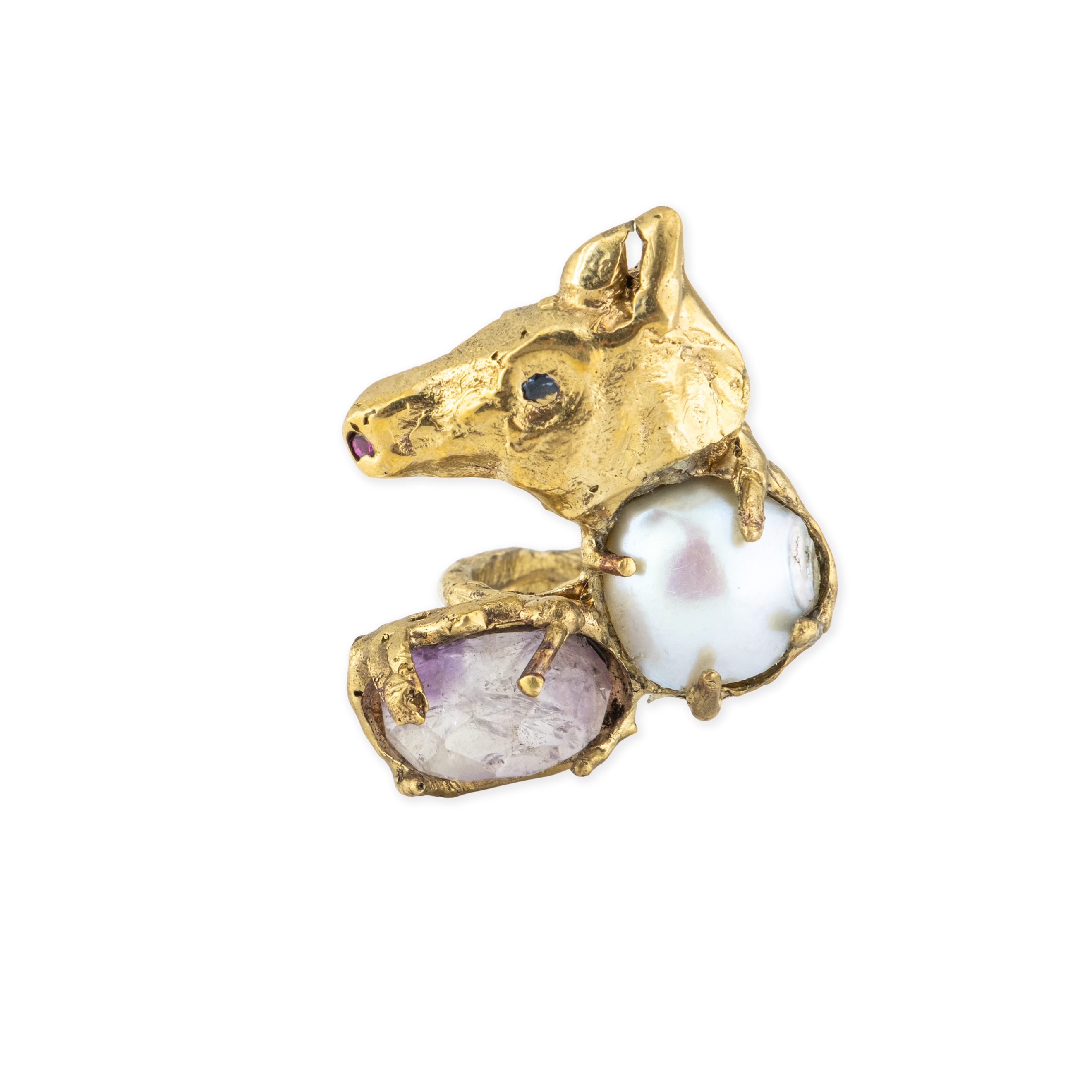 Brass ring with inserts: amethyst and pearls