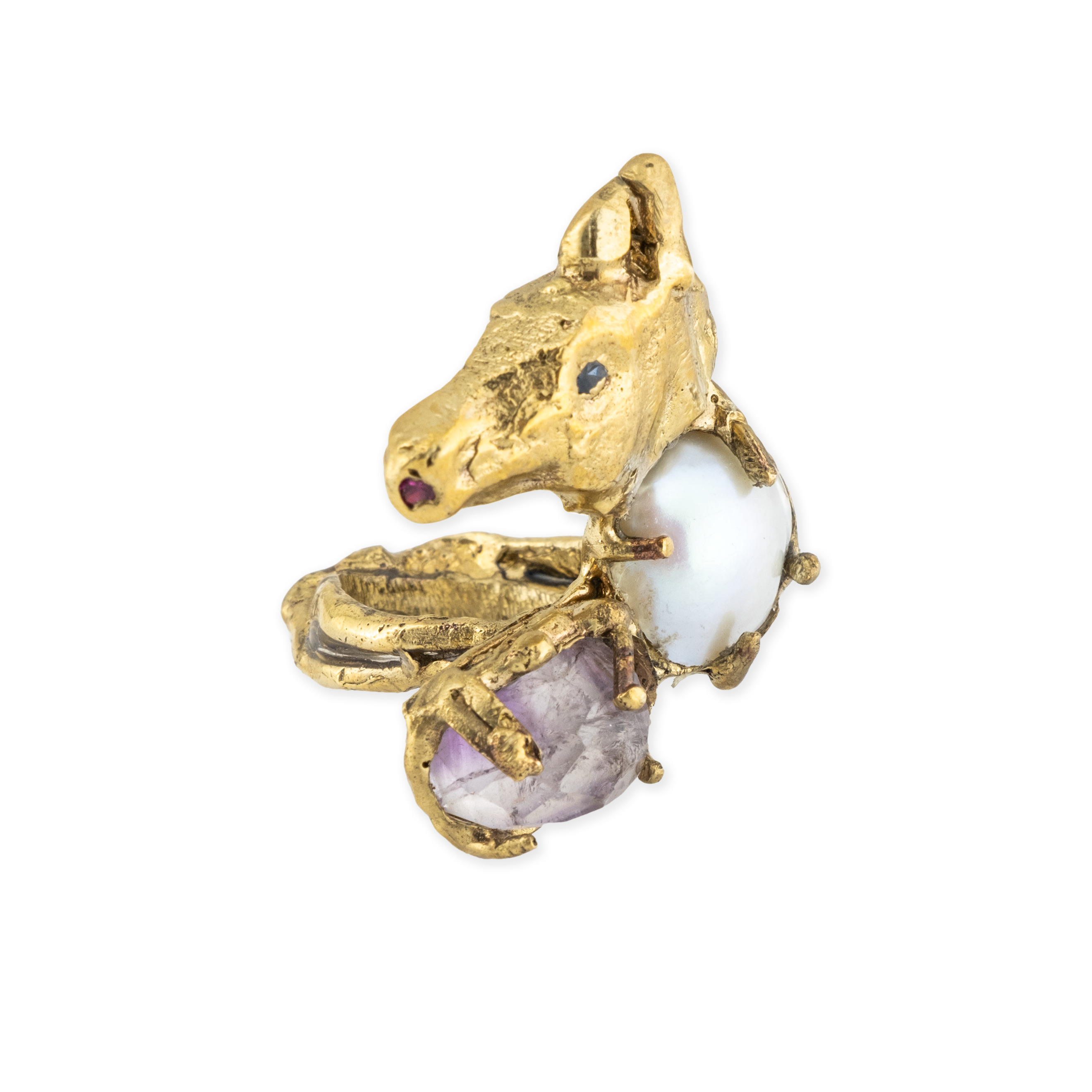 Brass ring with inserts: amethyst and pearls