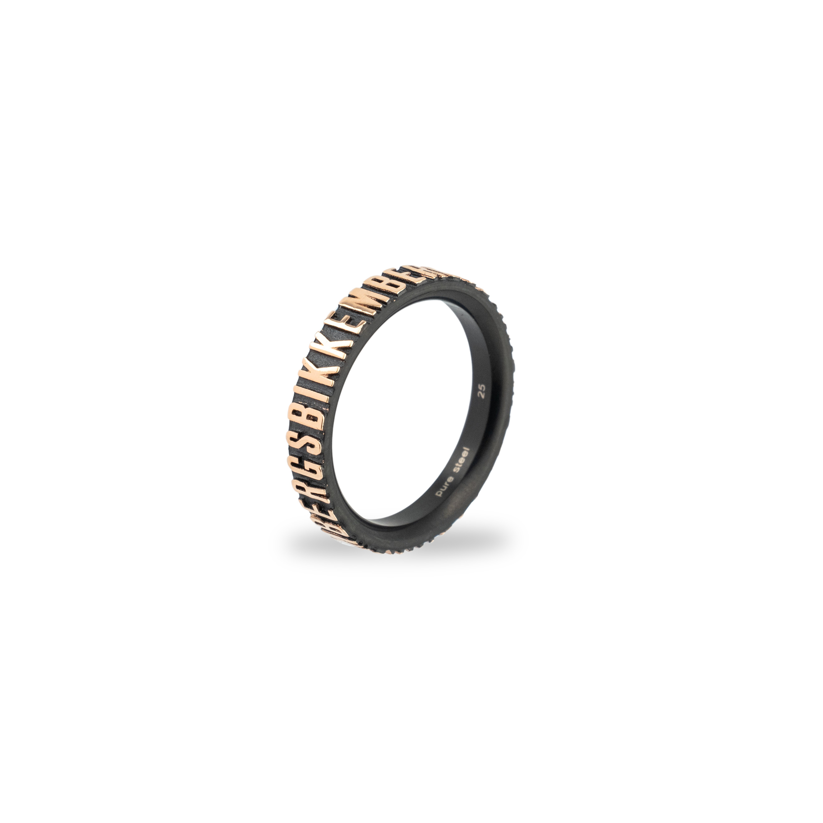 Black stainless steel ring with pink and gold letters