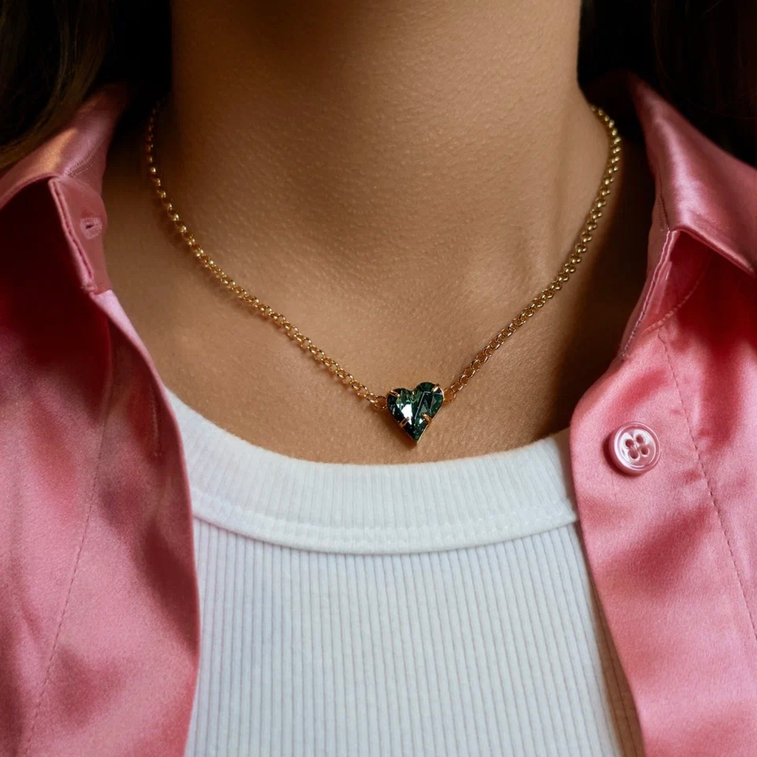Позолоченное колье с кристаллом в форме сердца Sweetheart. Green