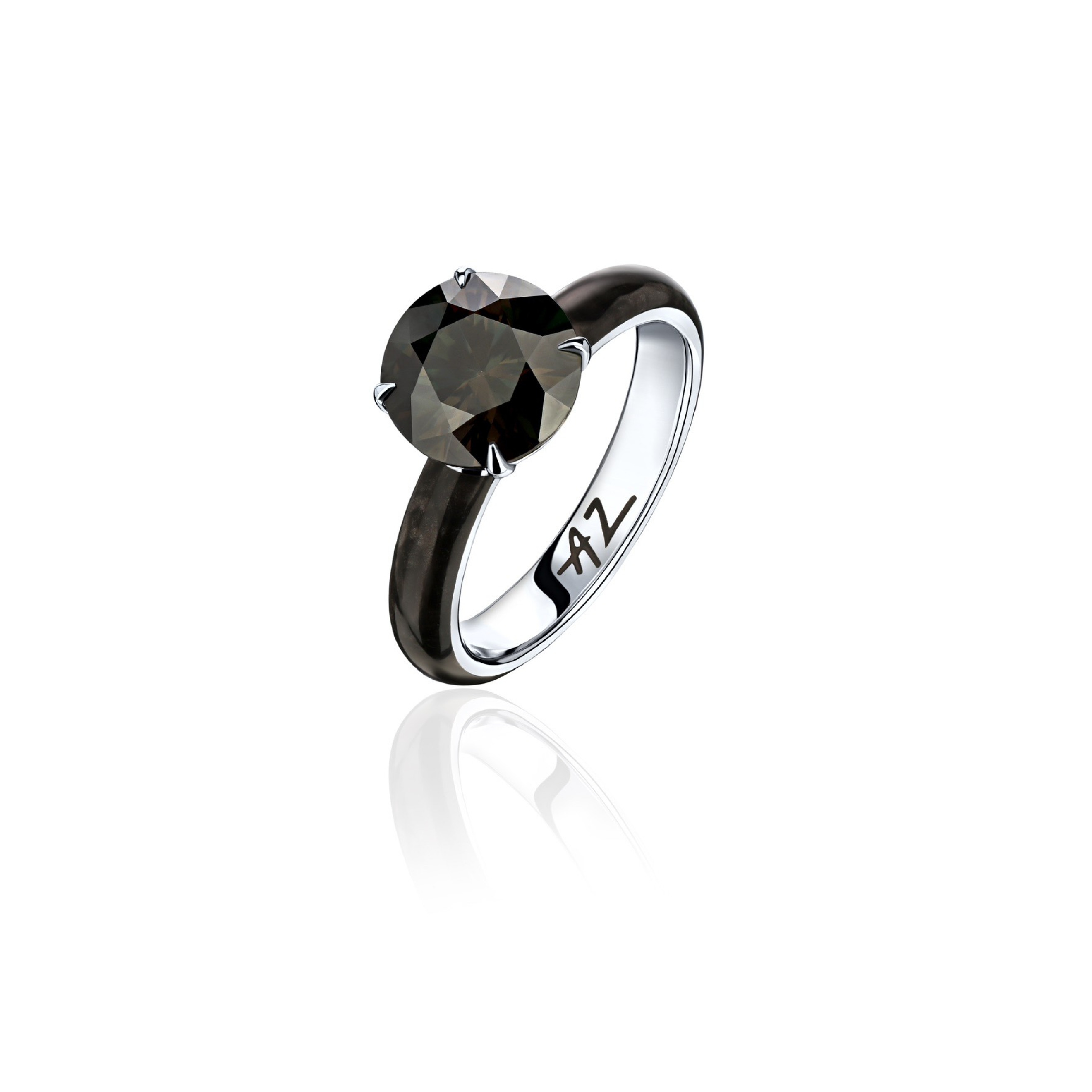 Gold ring with moissanite and black high-tech ceramics