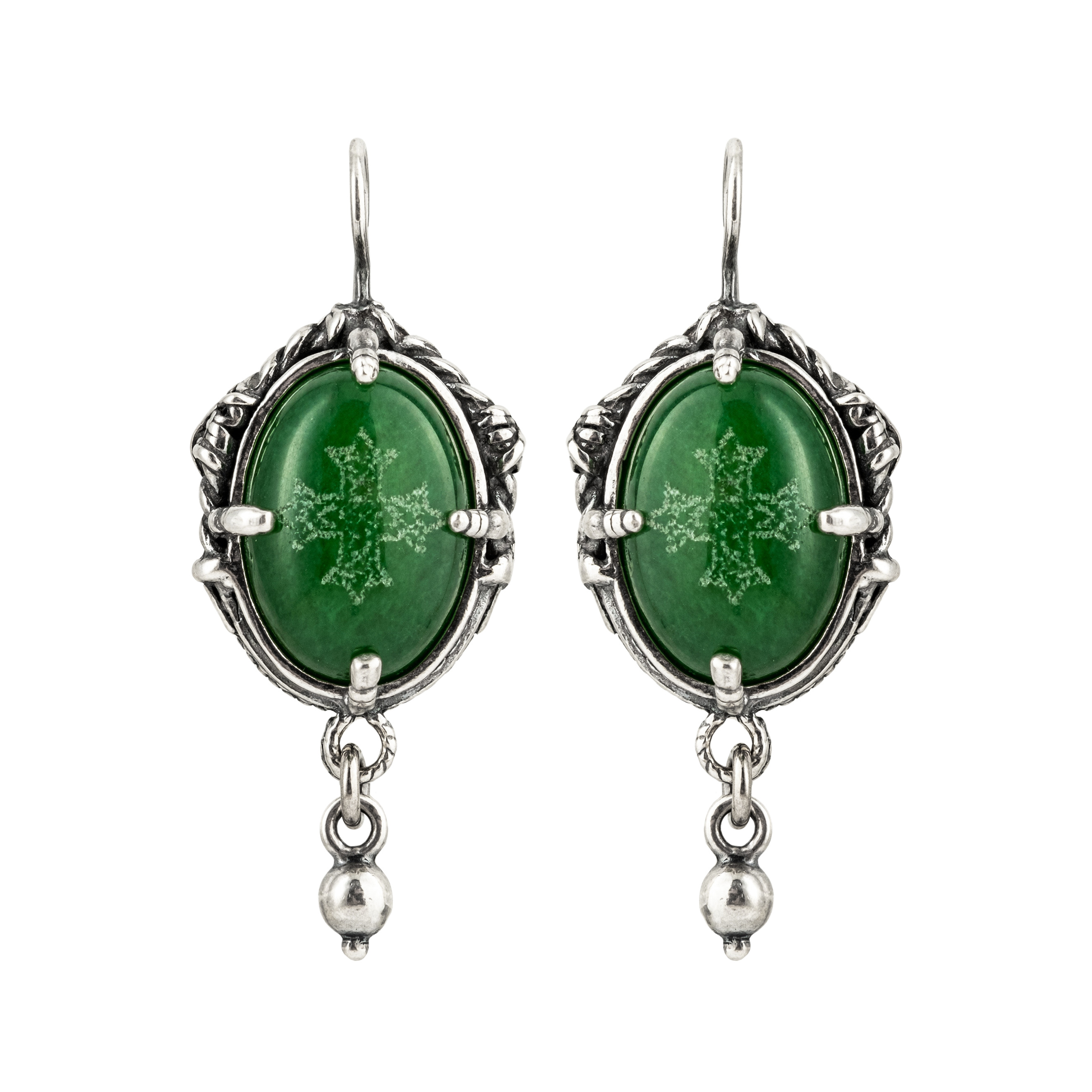 Серьги из серебра с зеленым агатом