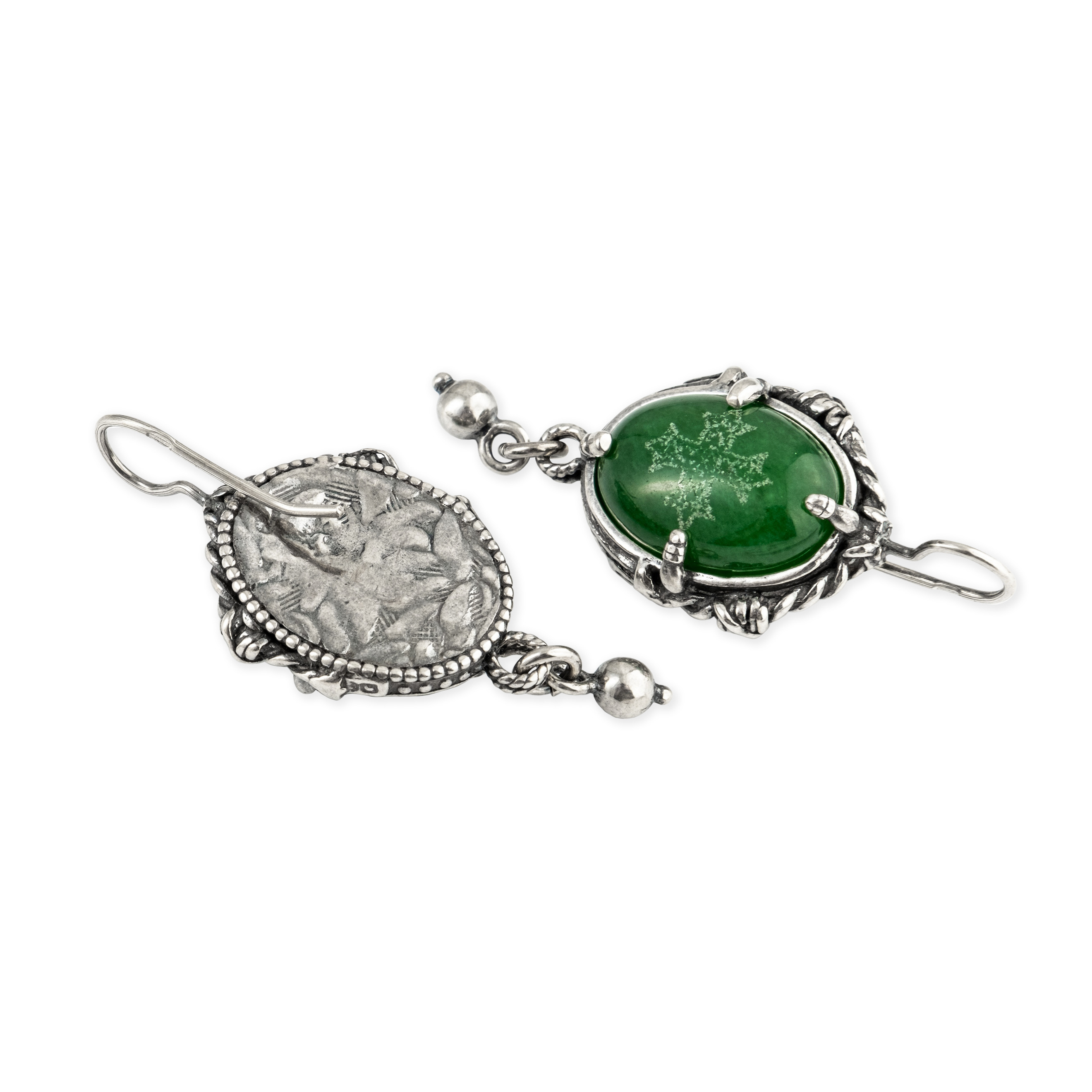 Серьги из серебра с зеленым агатом
