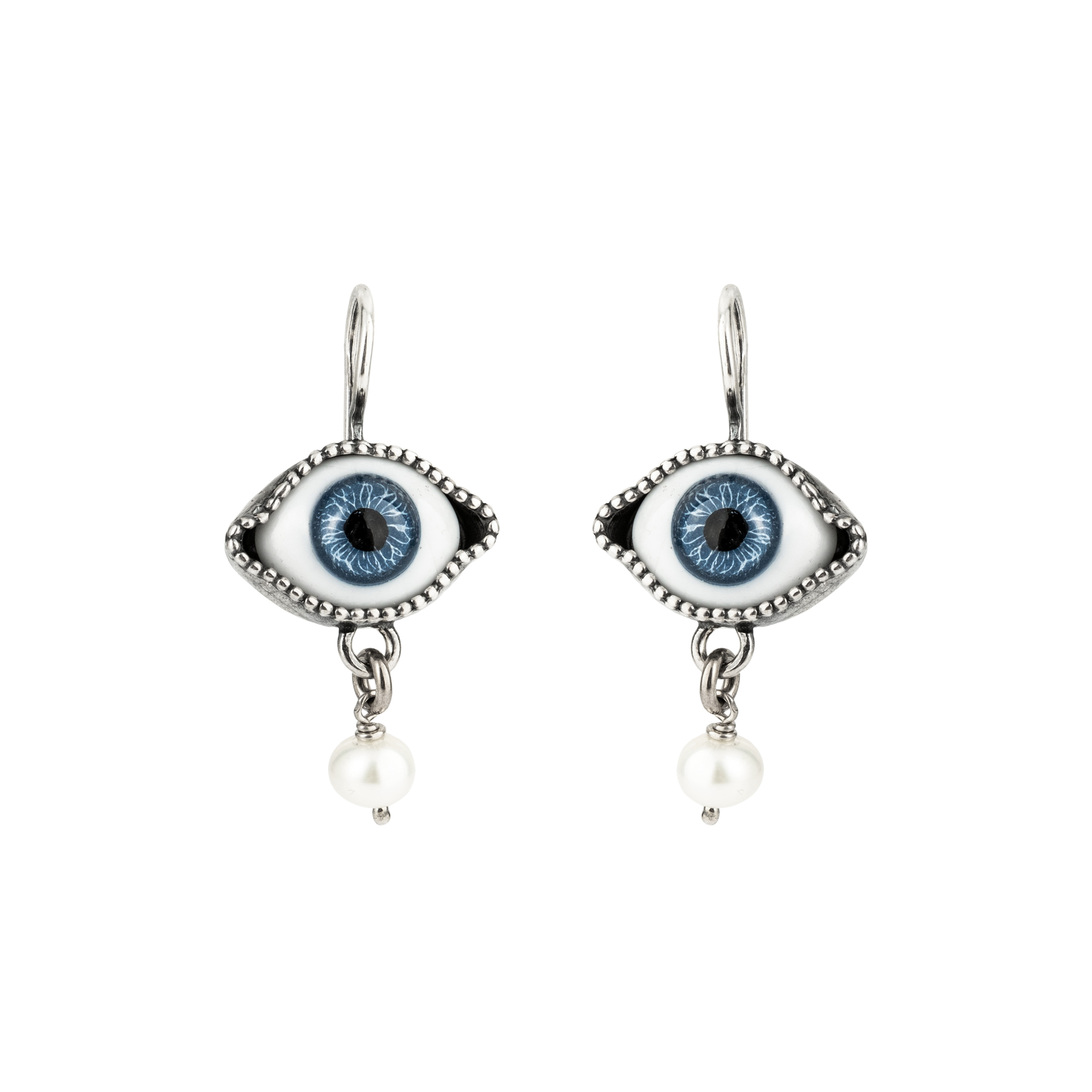 silver blue eye earrings with pearl pendants