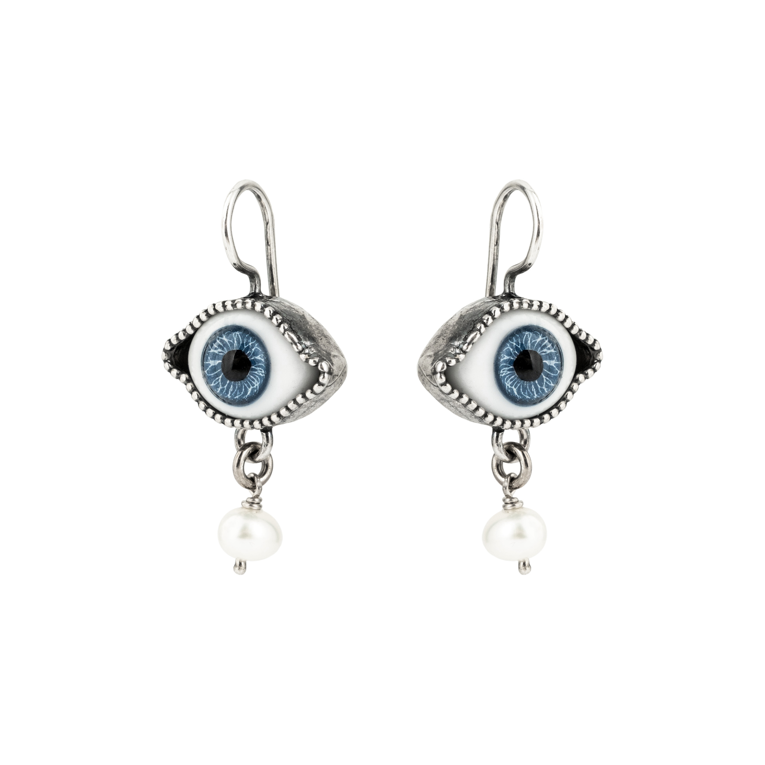 silver blue eye earrings with pearl pendants