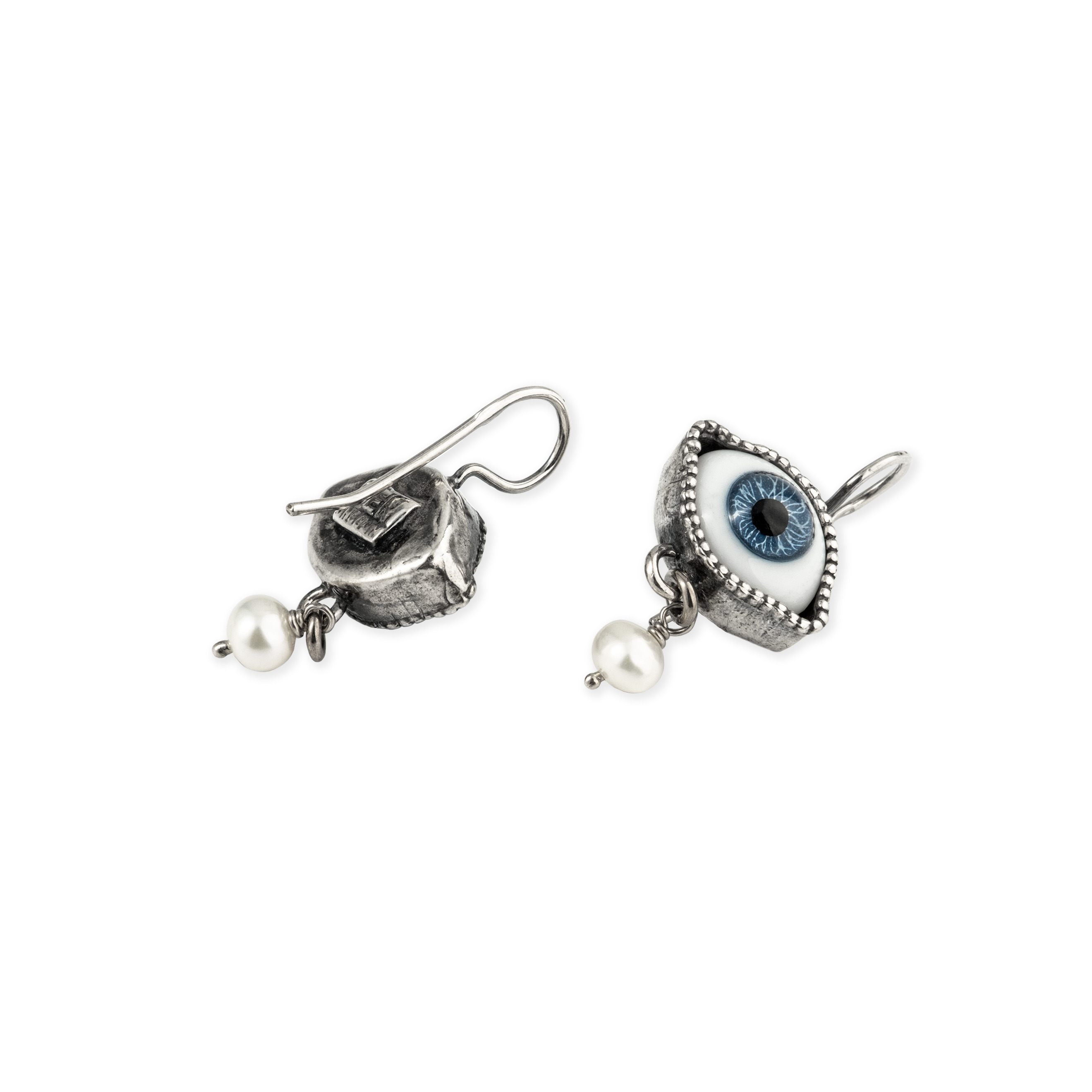 silver blue eye earrings with pearl pendants