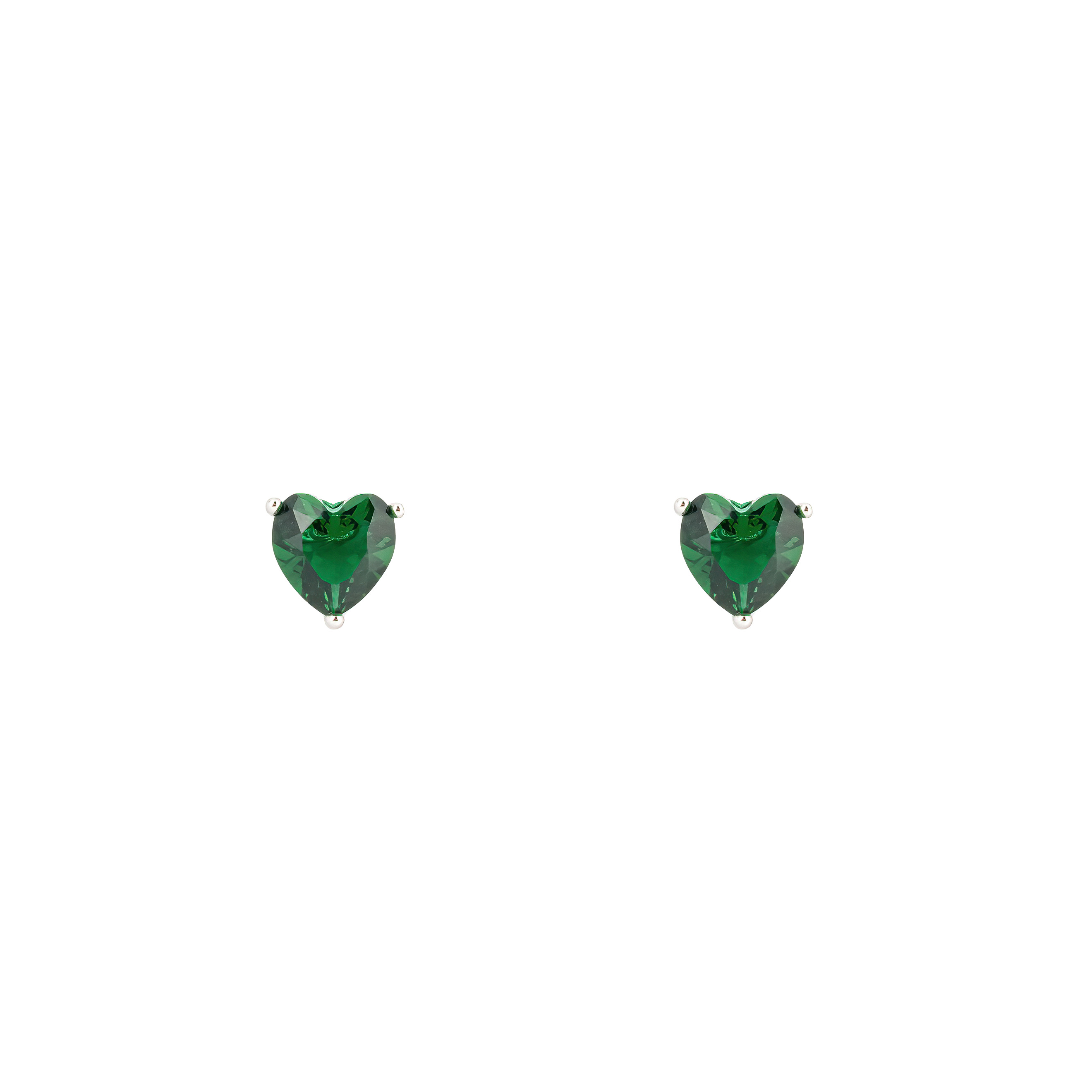 Silver earrings in the shape of a green heart