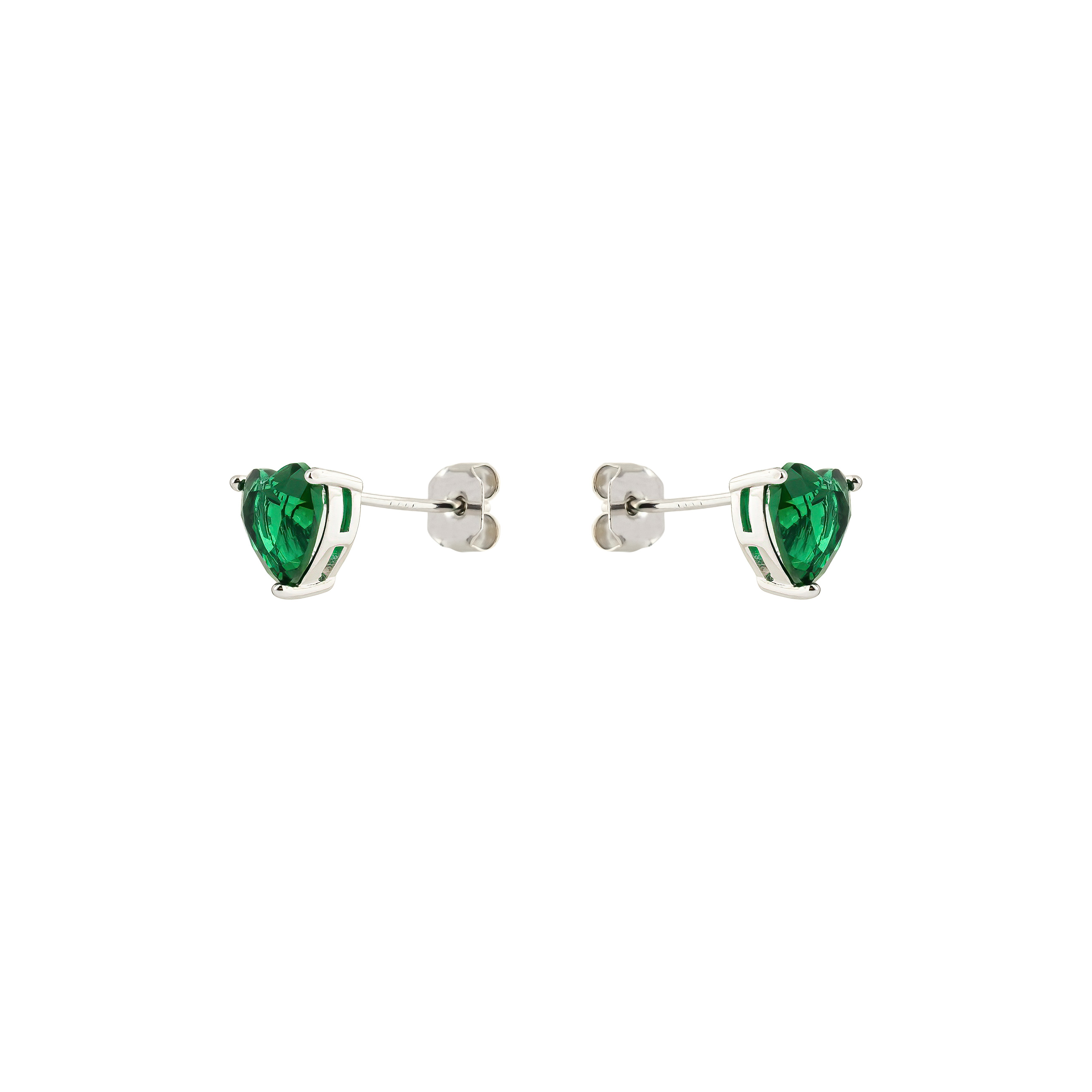Silver earrings in the shape of a green heart