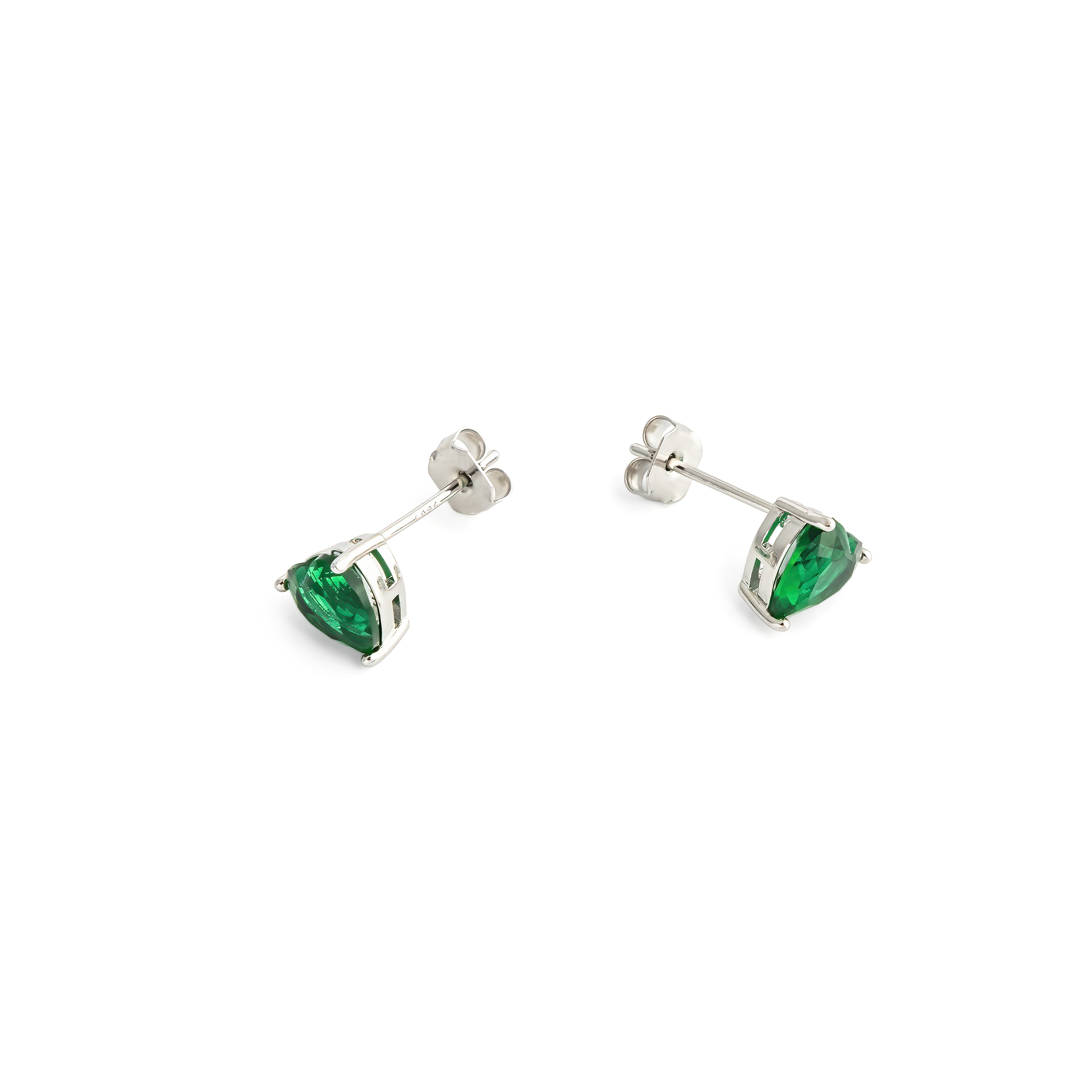 Silver earrings in the shape of a green heart