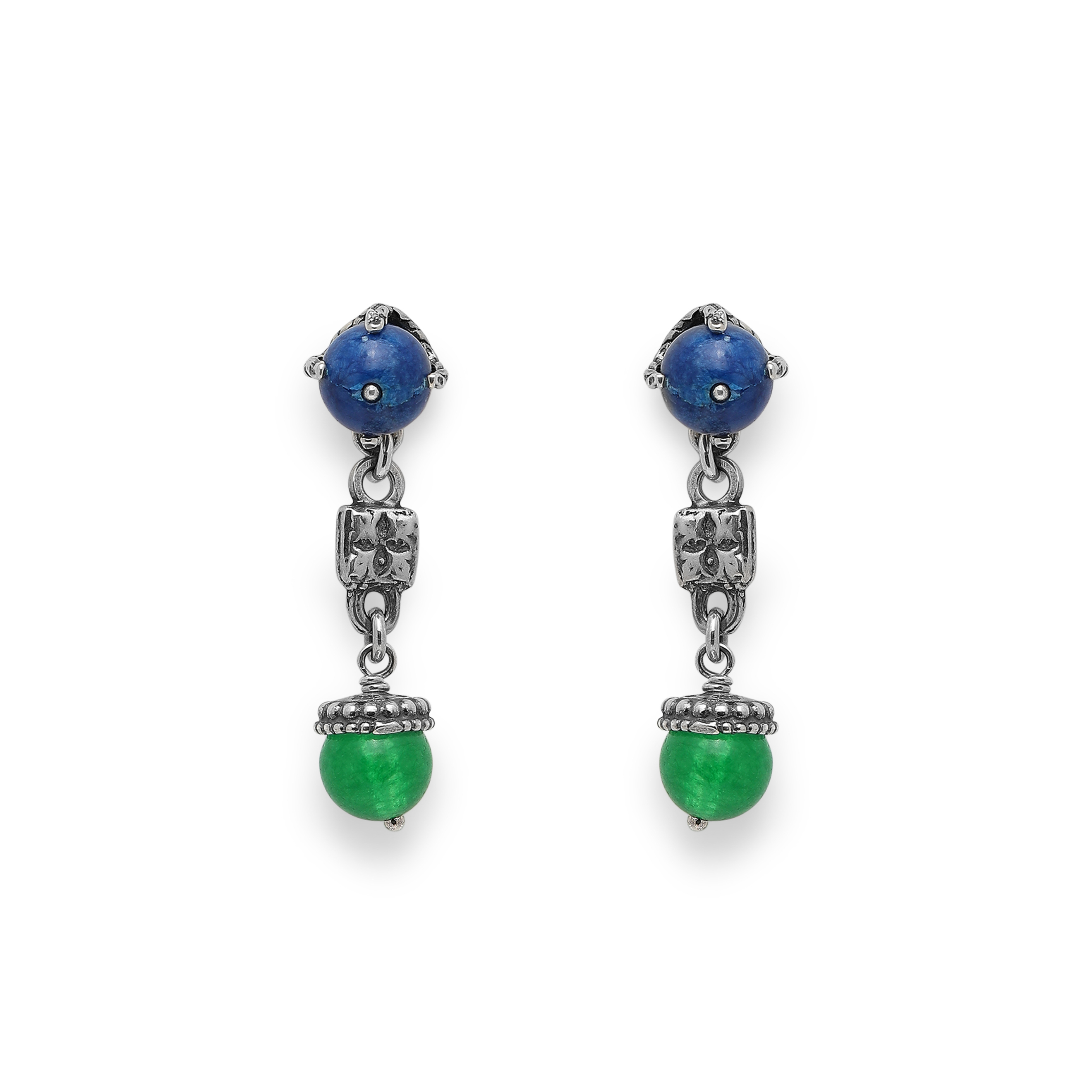 Silver earrings with inserts of blue and green Jadeite
