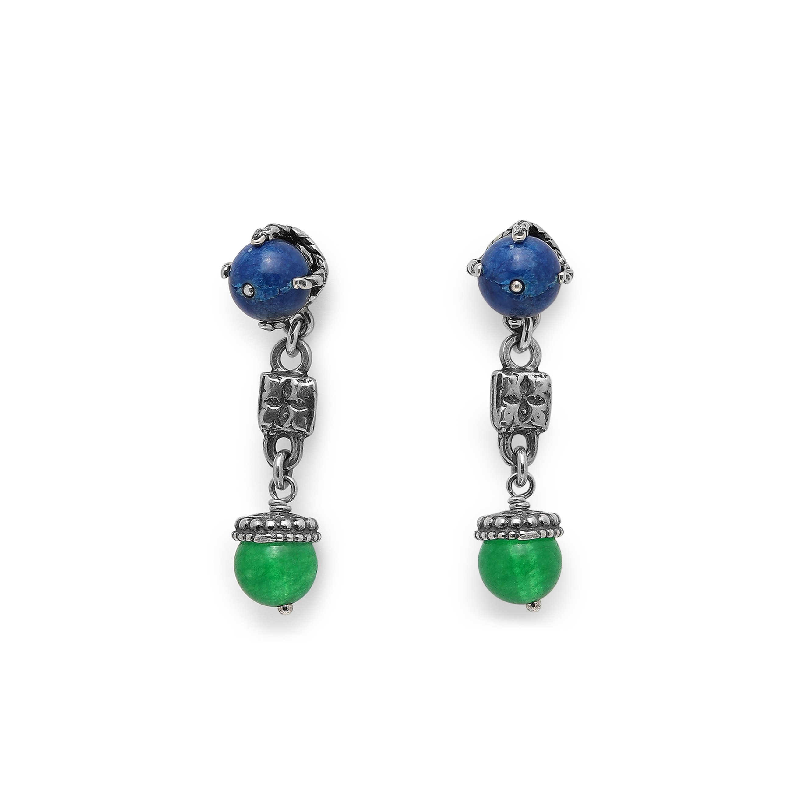 Silver earrings with inserts of blue and green Jadeite
