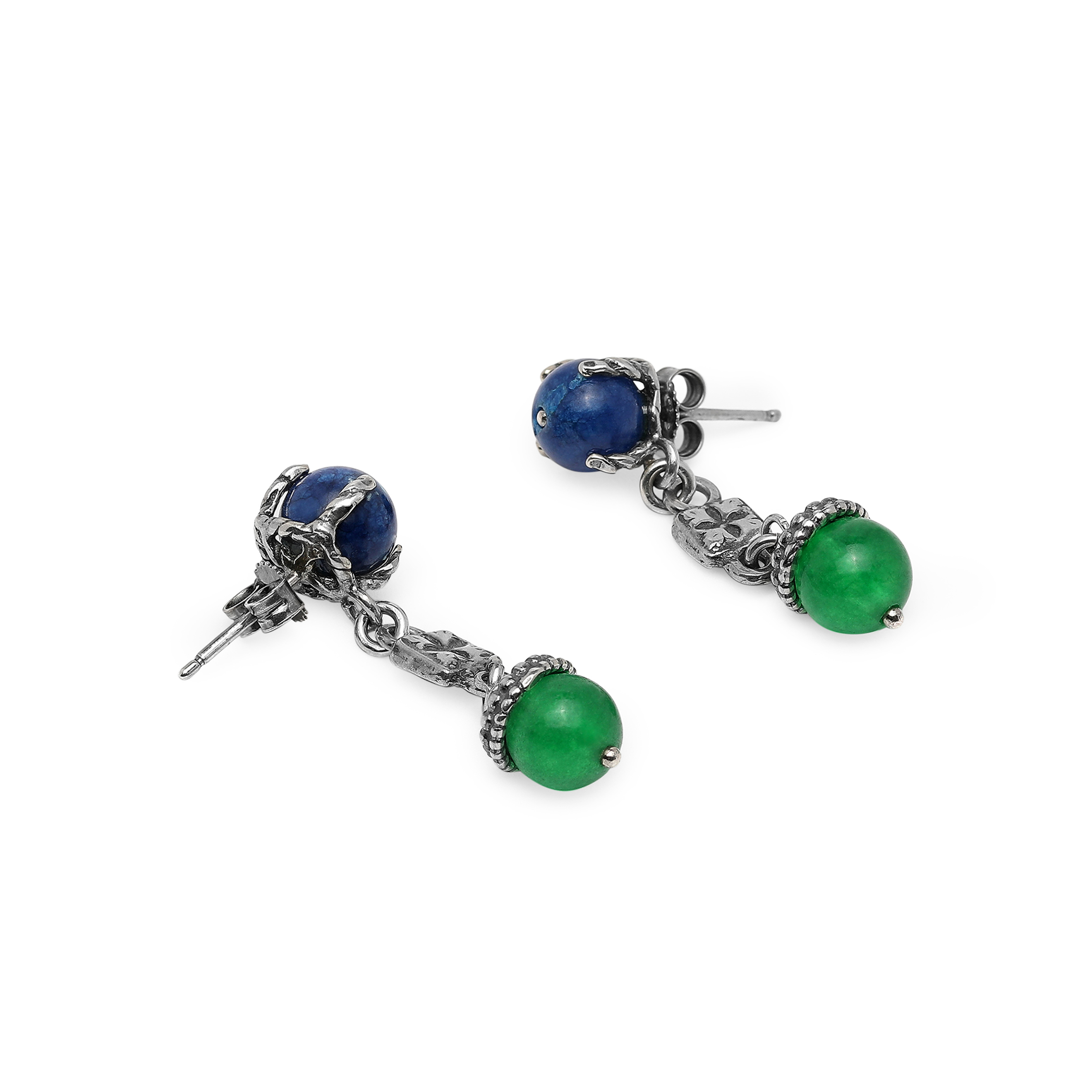 Silver earrings with inserts of blue and green Jadeite