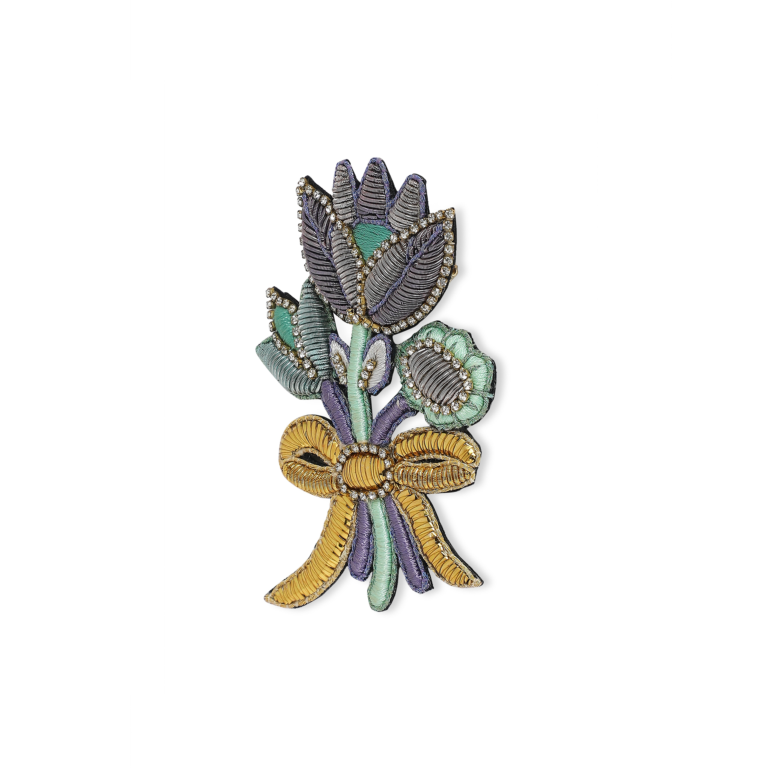 bouquet brooch with green and purple embroidery
