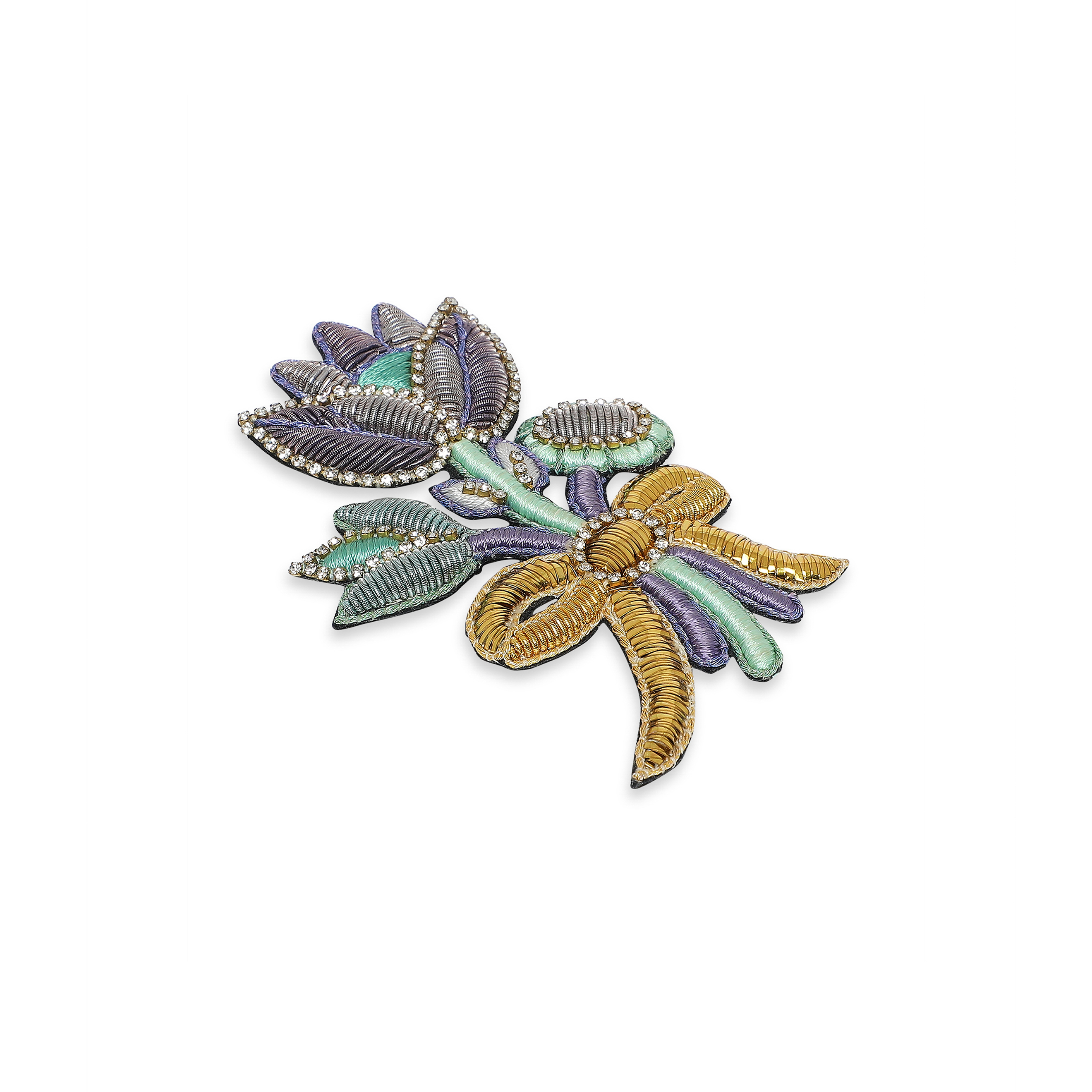 bouquet brooch with green and purple embroidery