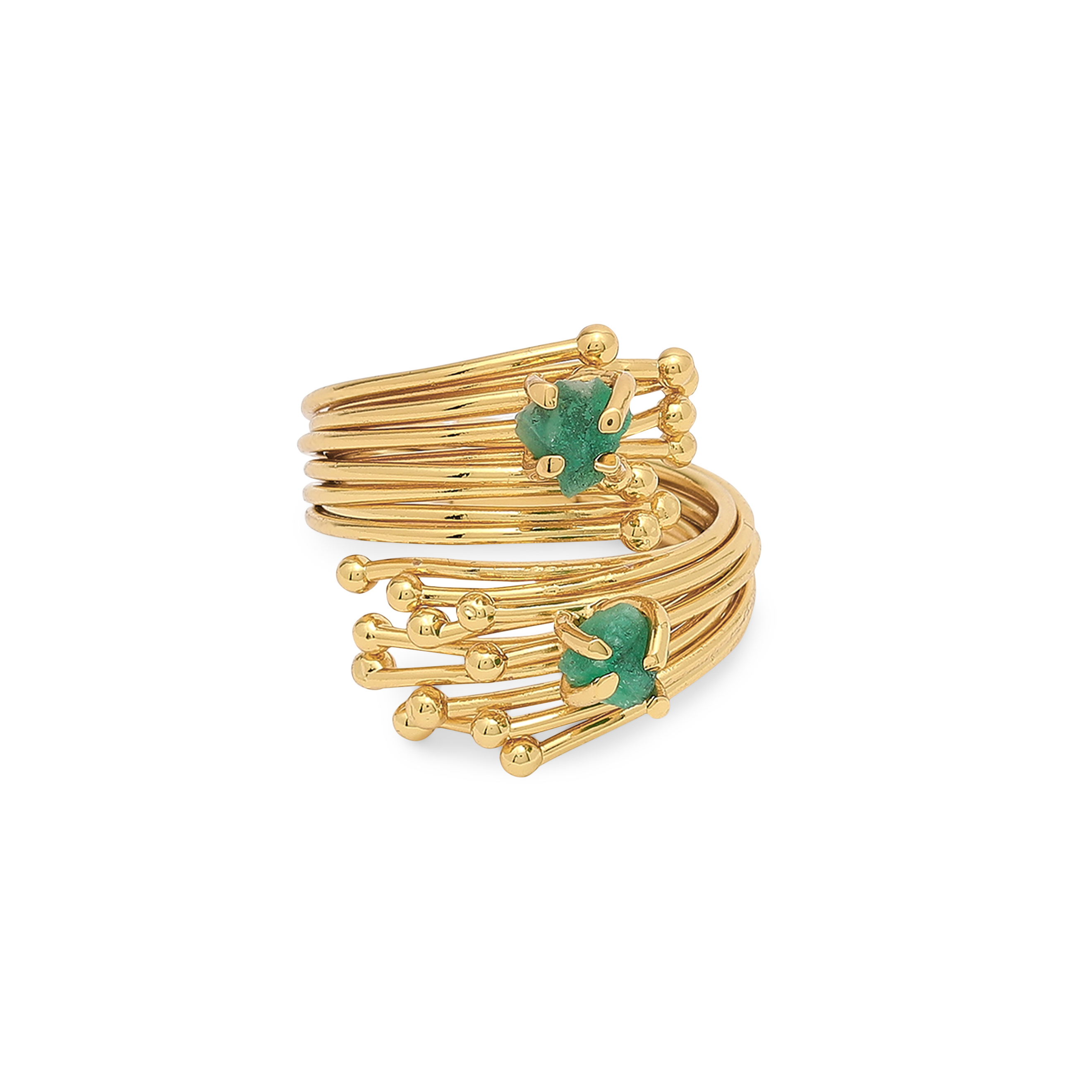 Gold-plated open ring made of threads with emeralds