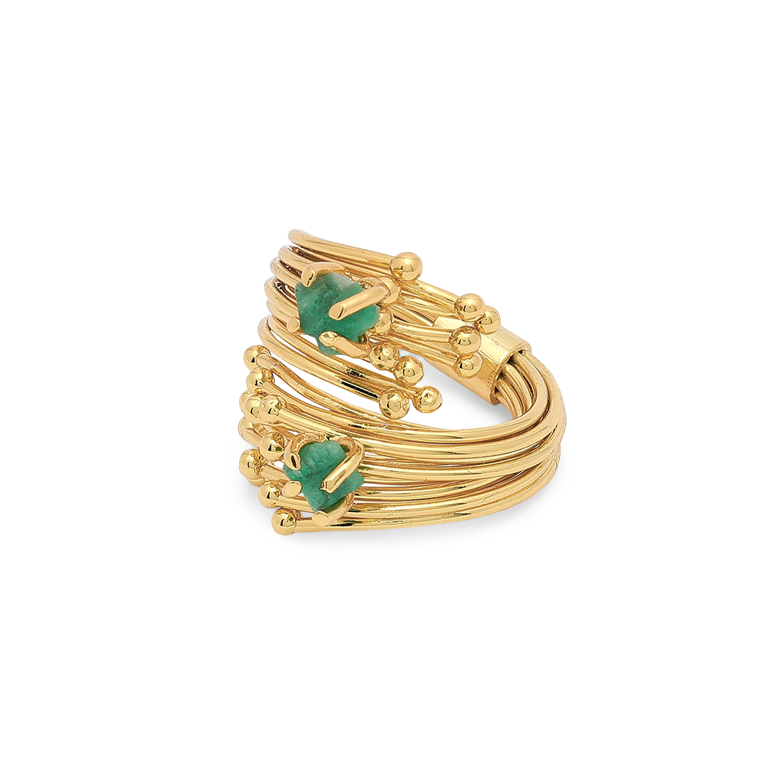 Gold-plated open ring made of threads with emeralds