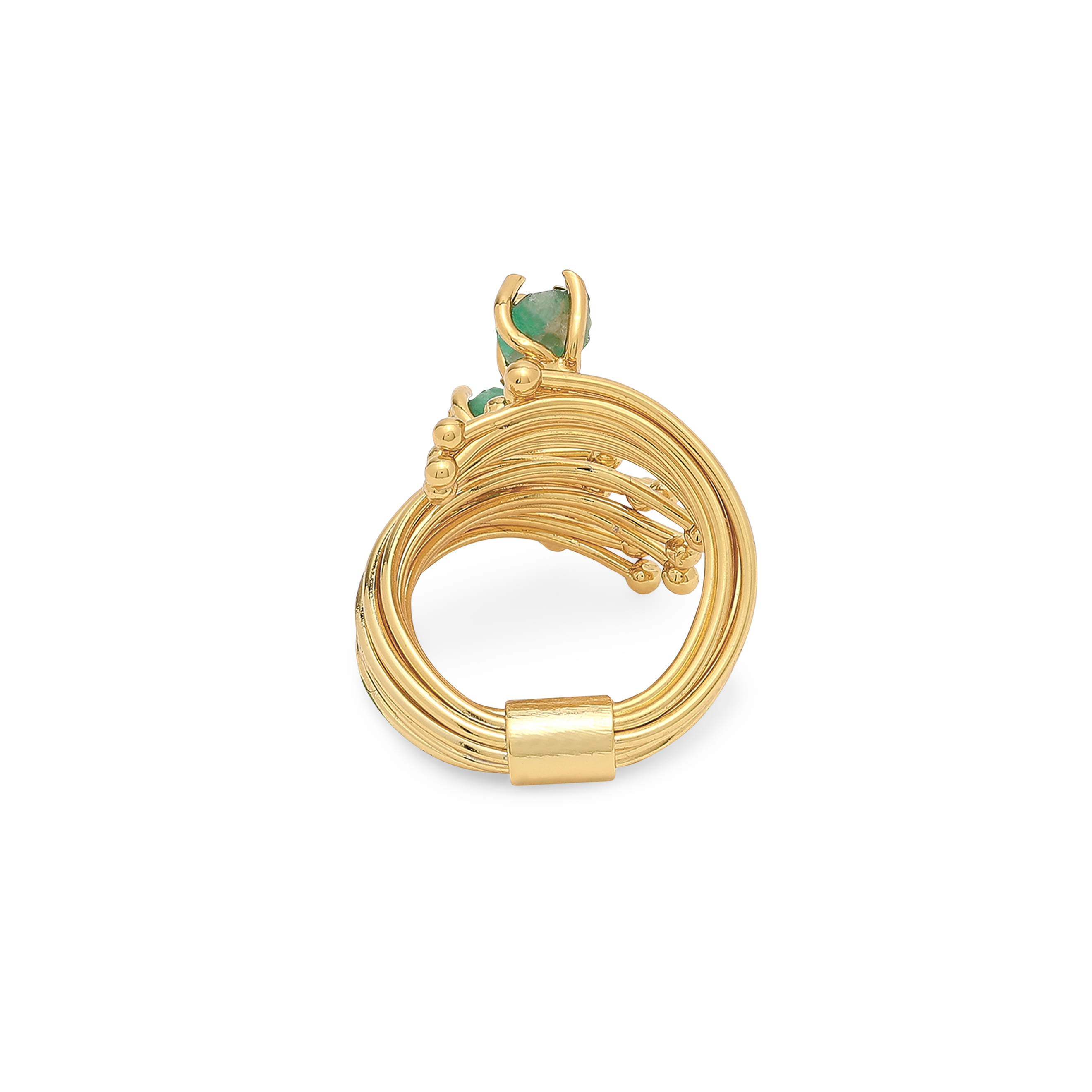 Gold-plated open ring made of threads with emeralds