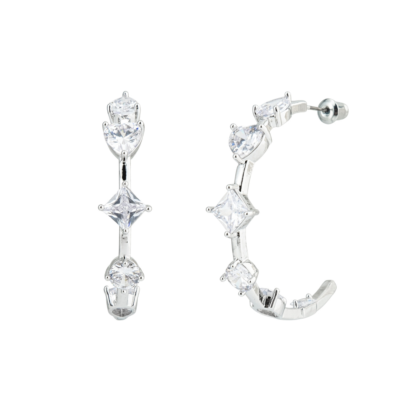 Herald Percy Серебристые серьги-кольца с кристаллами в форме сердца и звезд фотографии