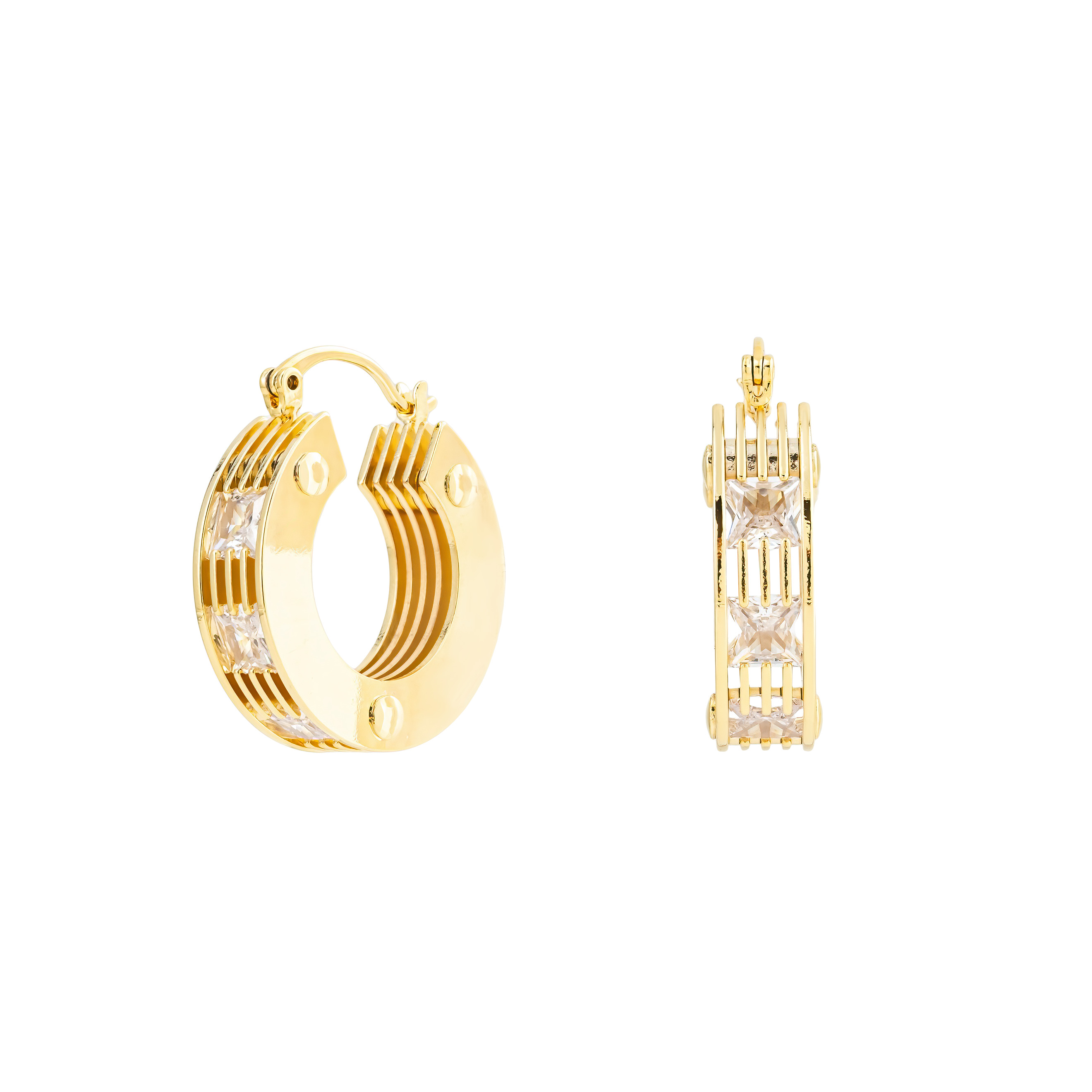 Golden round earrings made of several plates with crystals