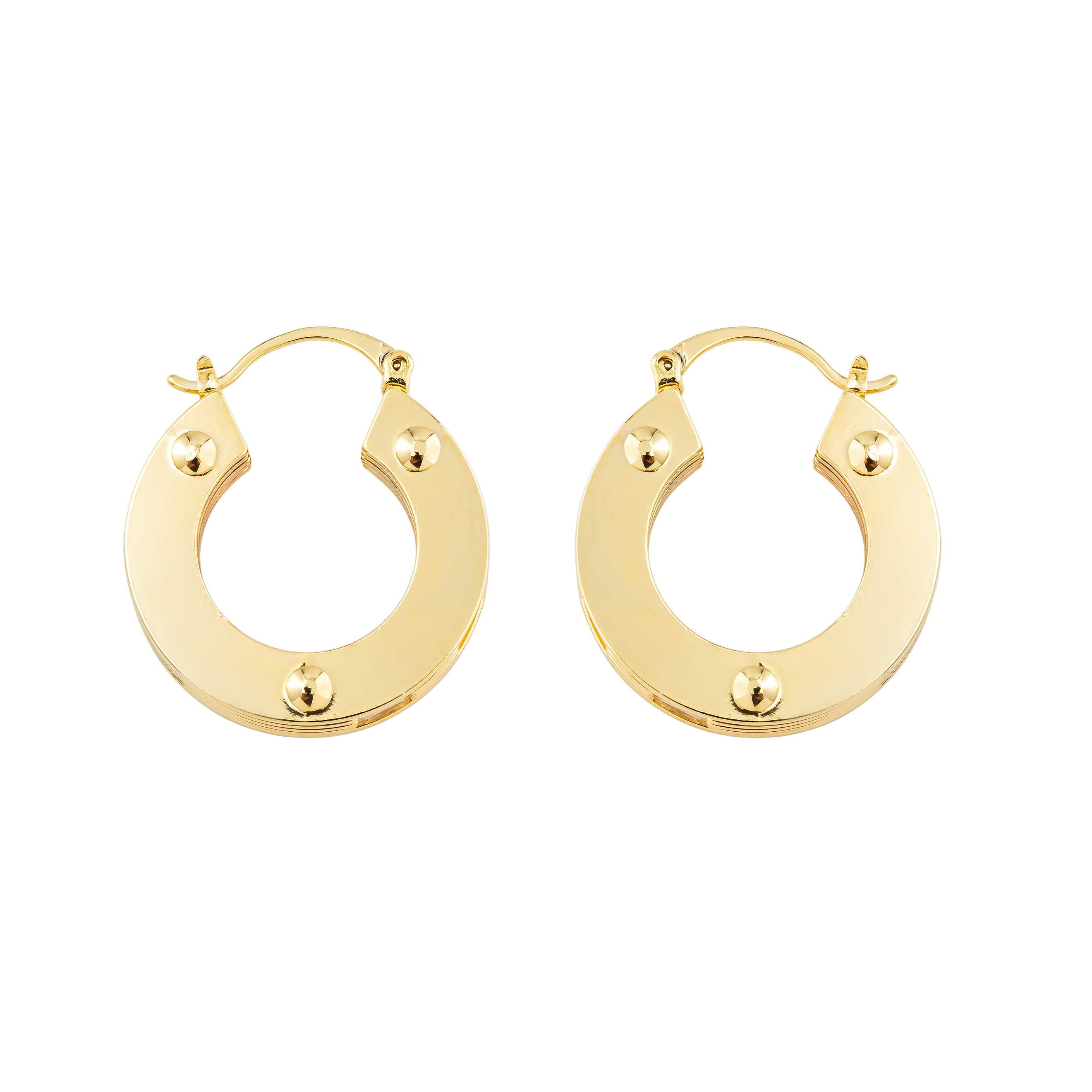 Golden round earrings made of several plates with crystals