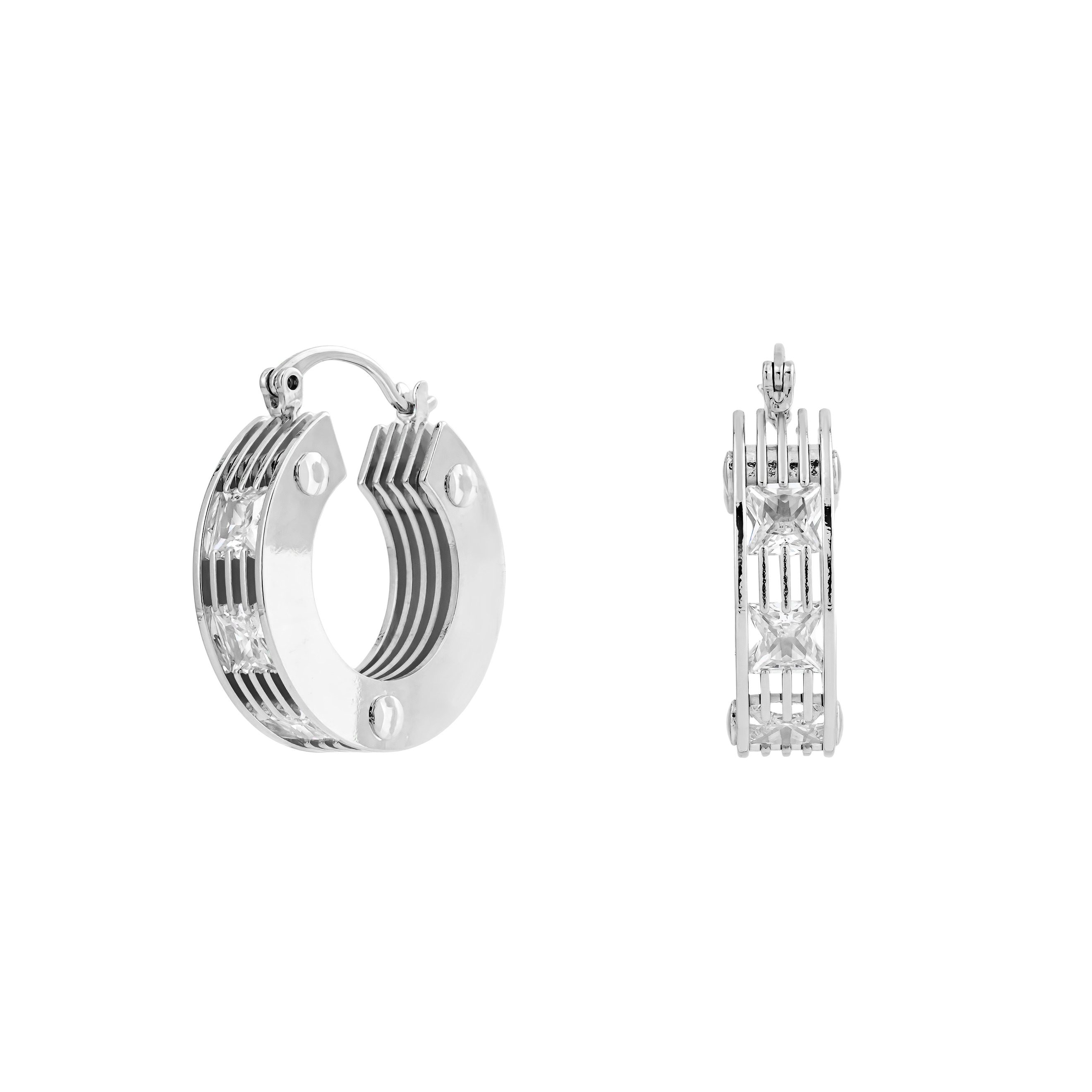 round earrings made of several plates with crystals