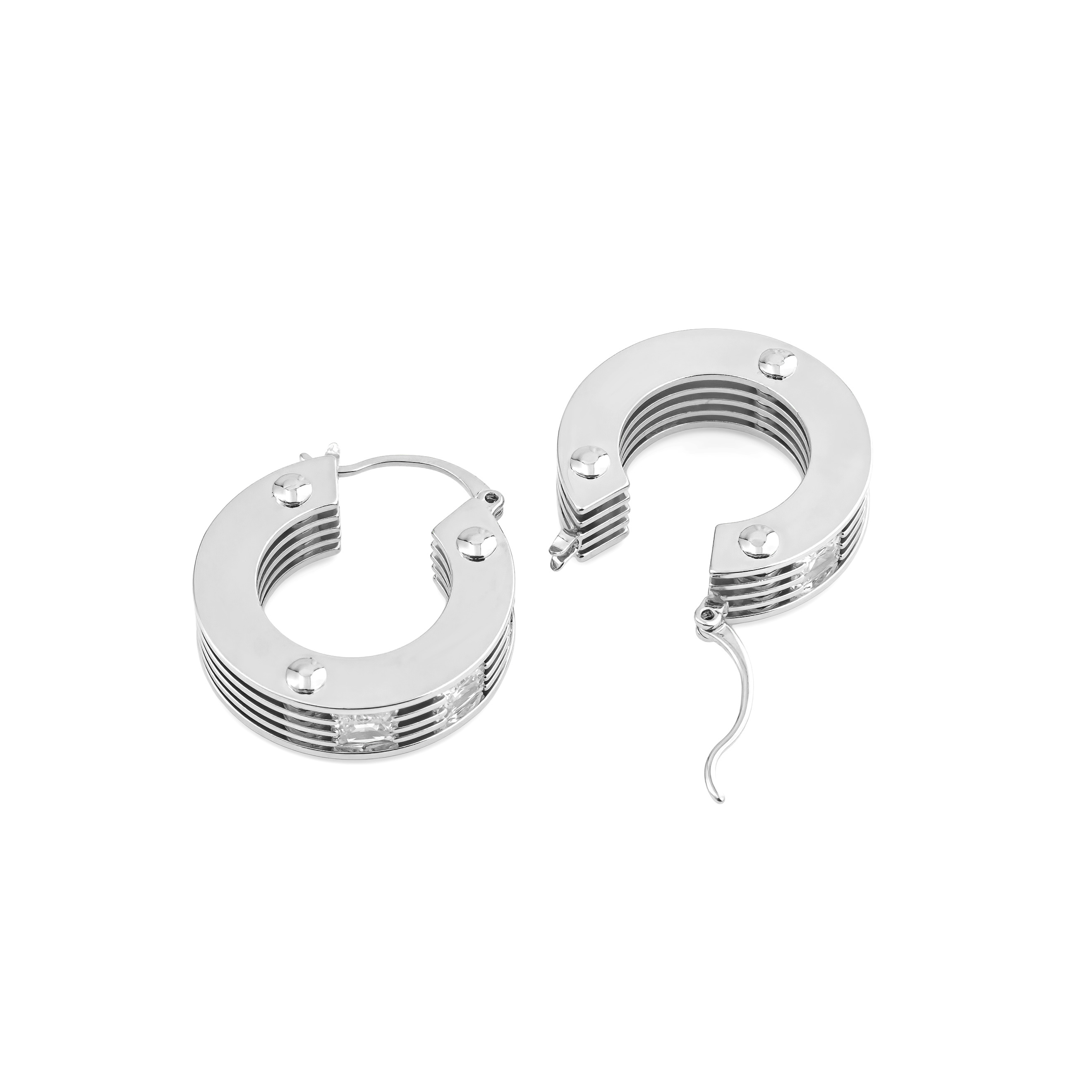 round earrings made of several plates with crystals