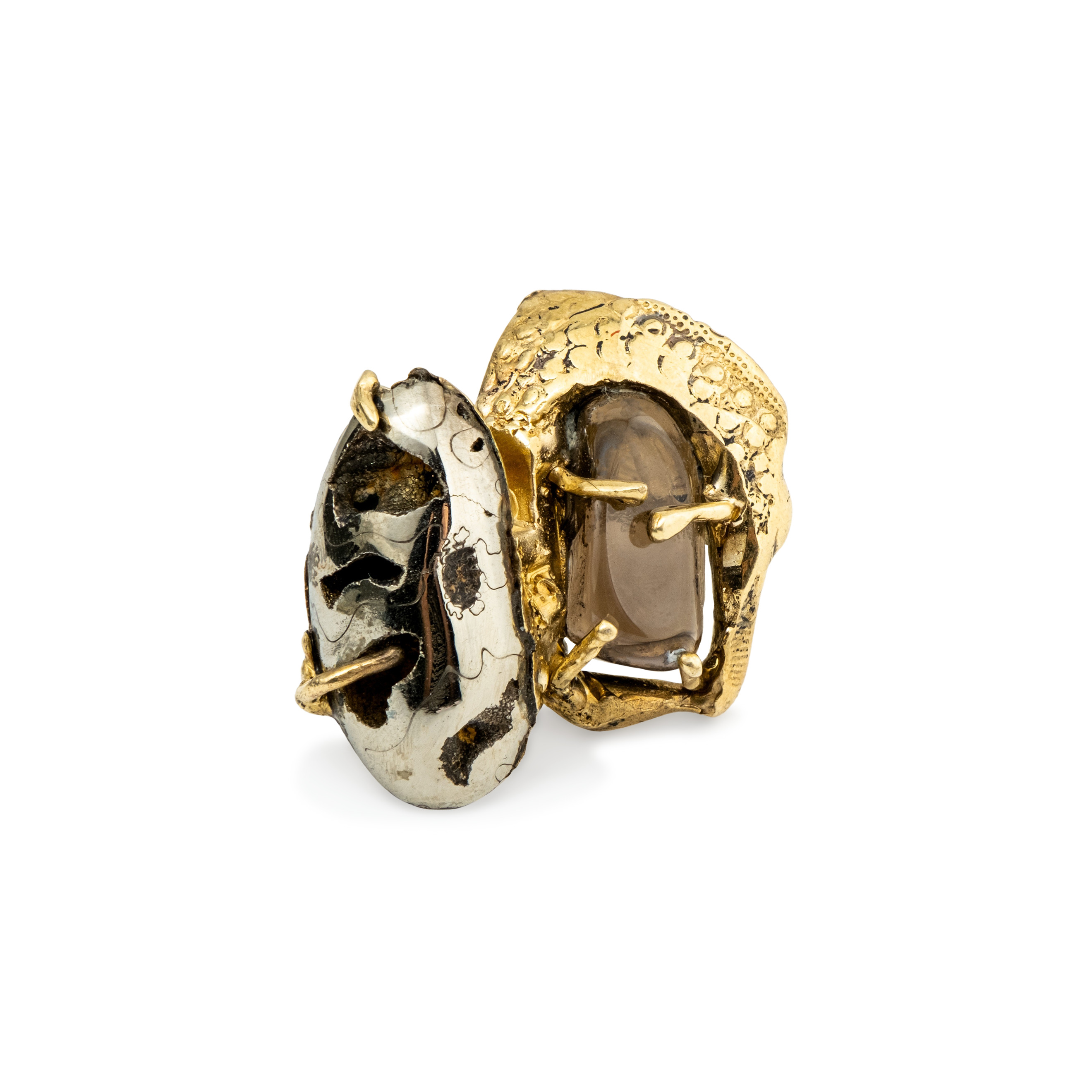 Brass ring with inserts: ammonite, rauchtopaz