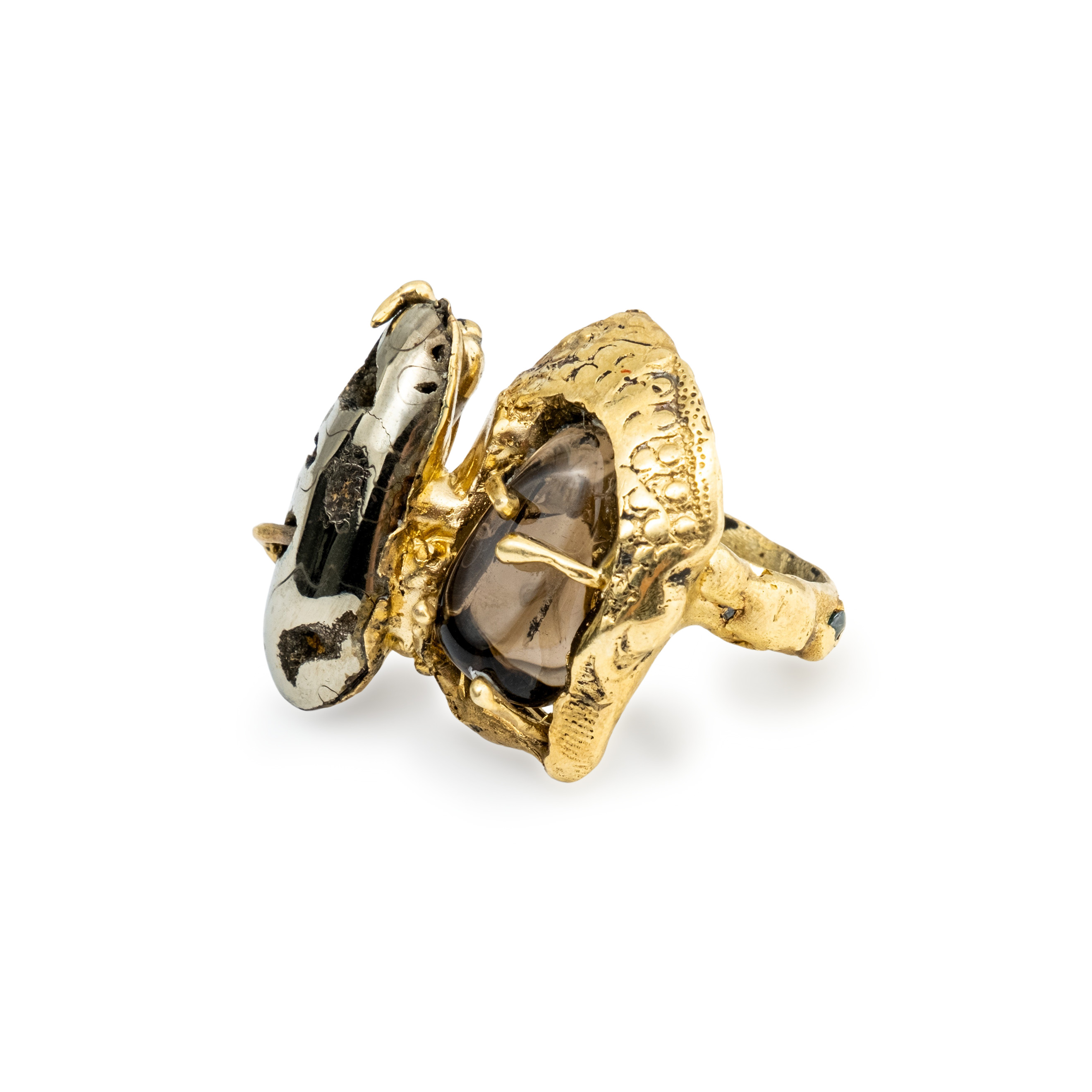Brass ring with inserts: ammonite, rauchtopaz