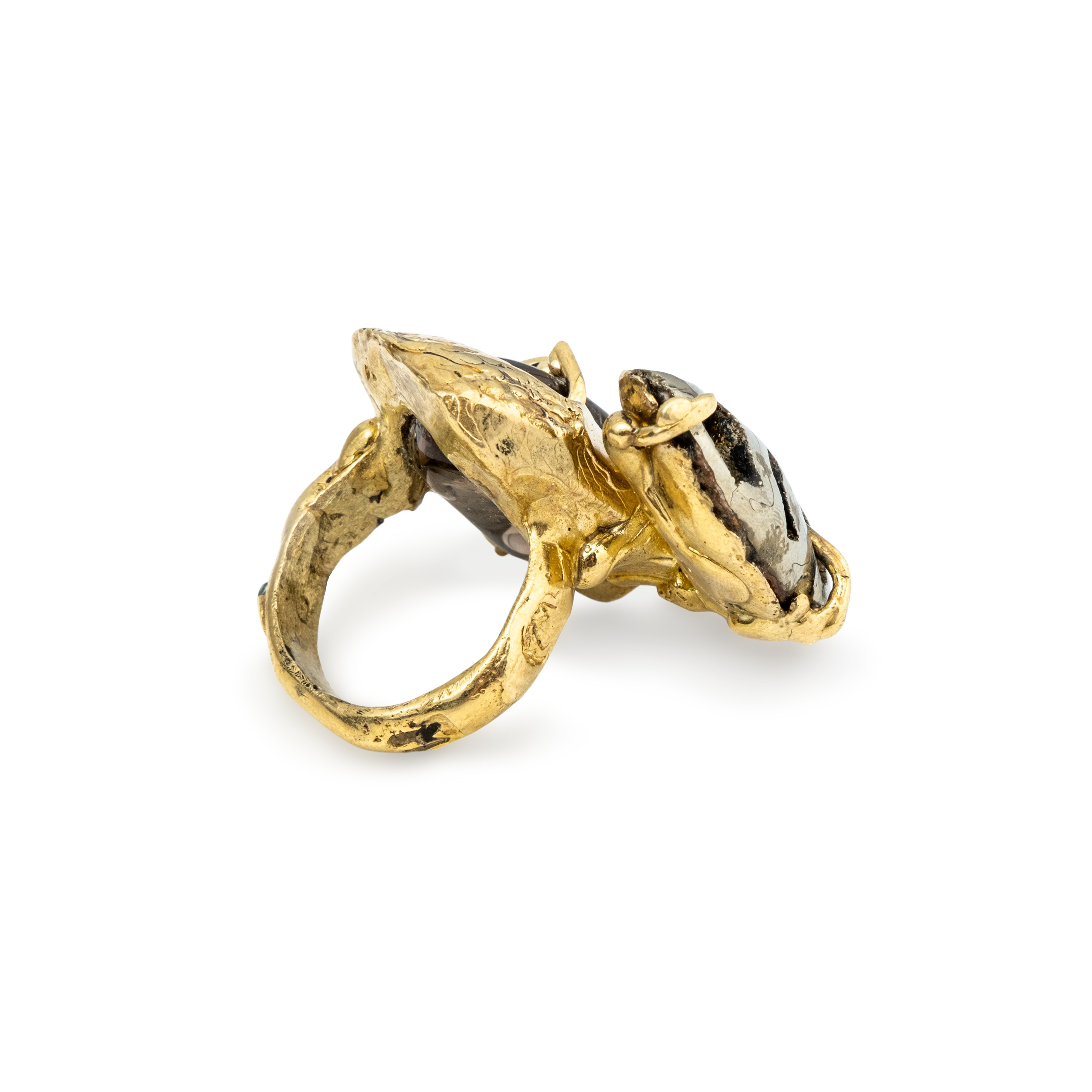 Brass ring with inserts: ammonite, rauchtopaz
