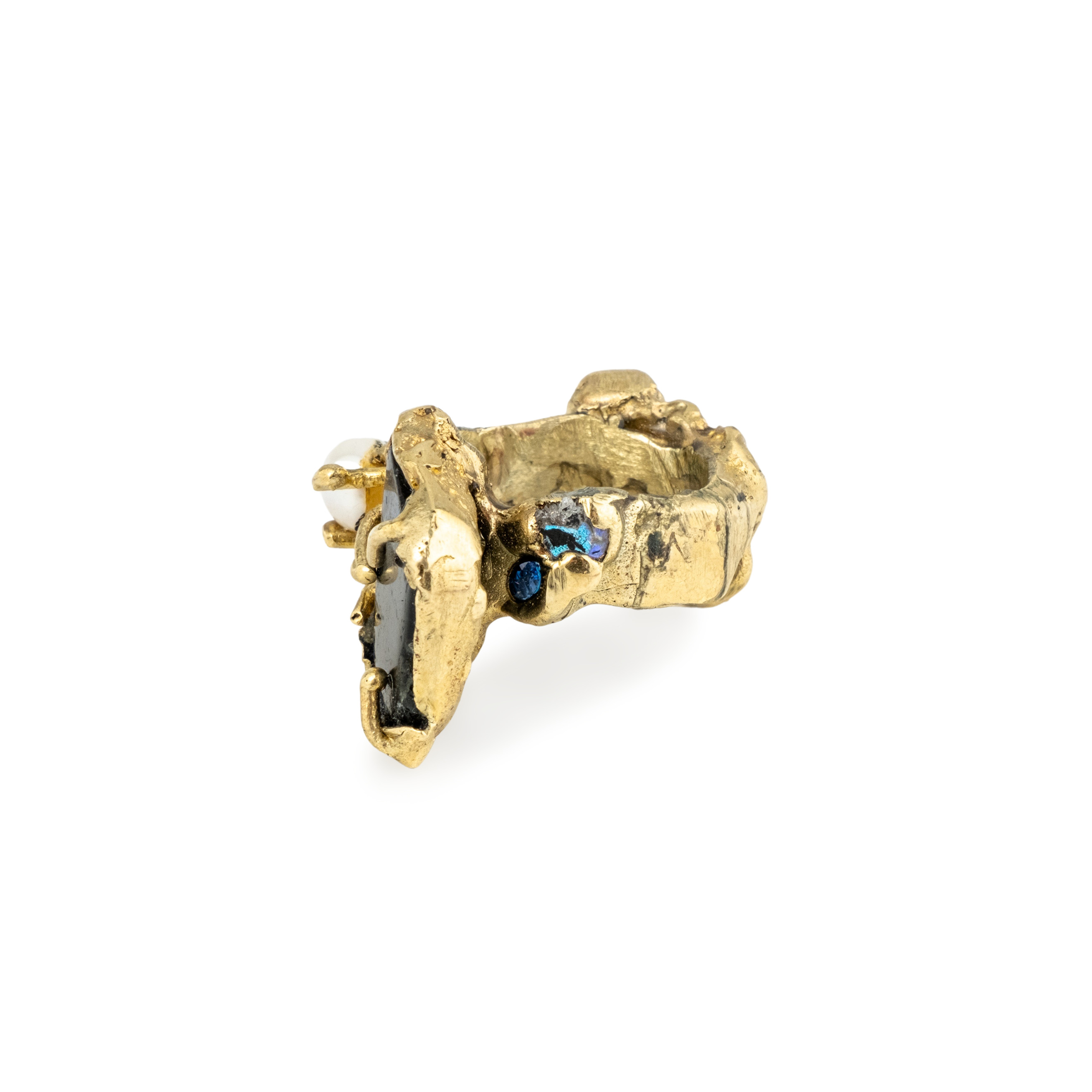 Кольцо из латуни со вставками: лабрадор, жемчуг и фианит