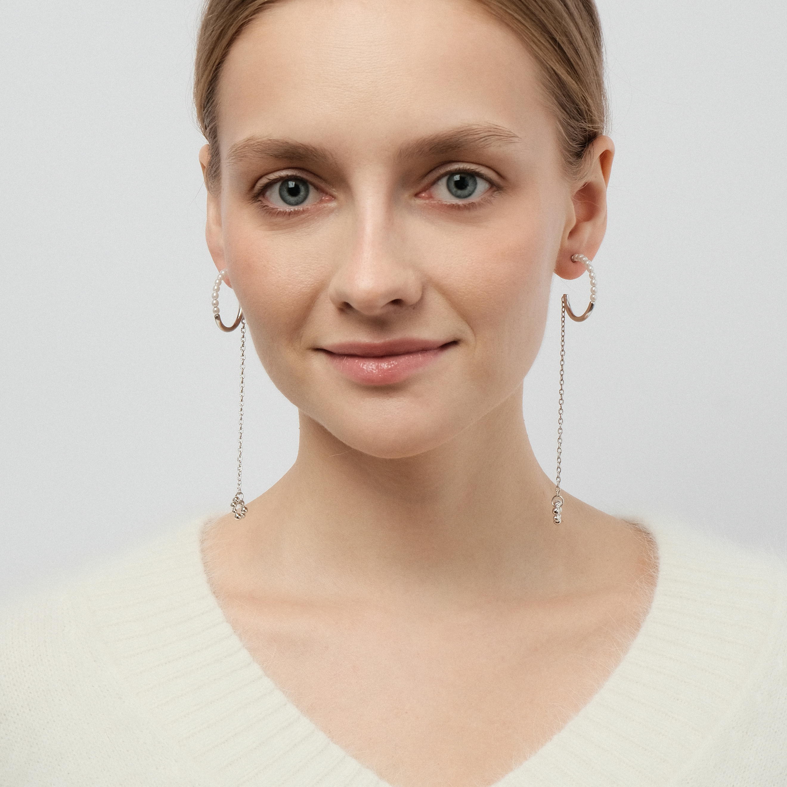White Hoop Earrings with Chains