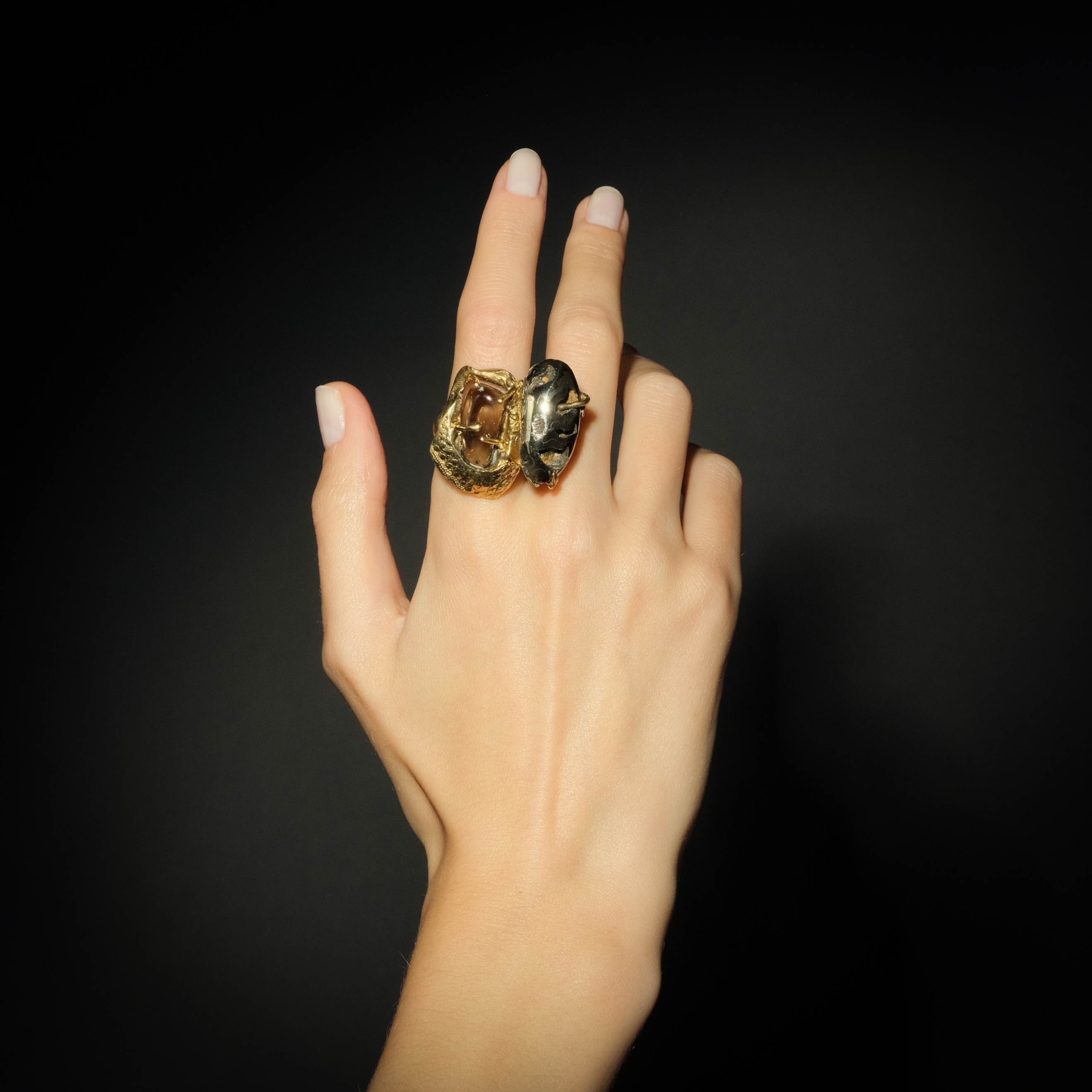 Brass ring with inserts: ammonite, rauchtopaz