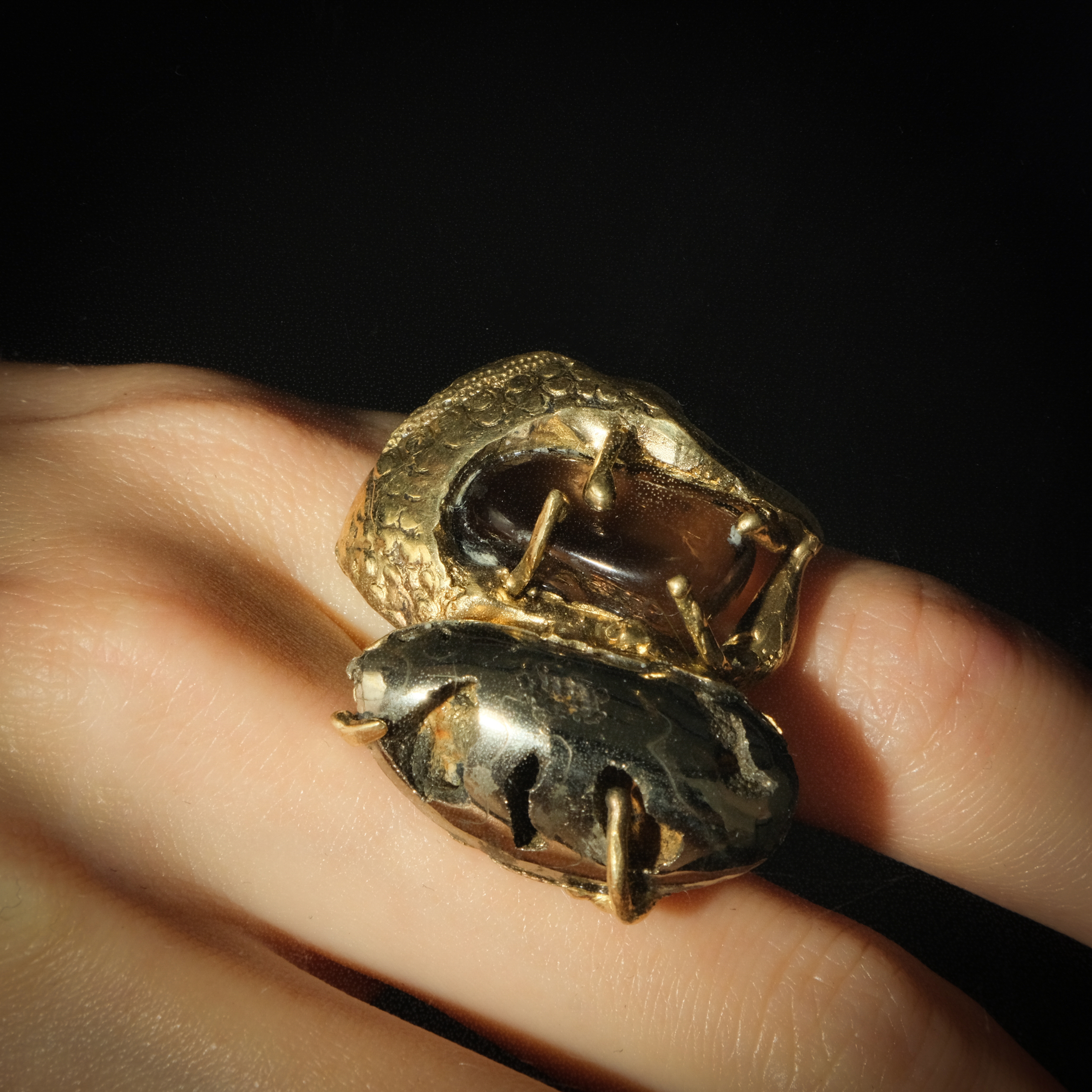 Brass ring with inserts: ammonite, rauchtopaz