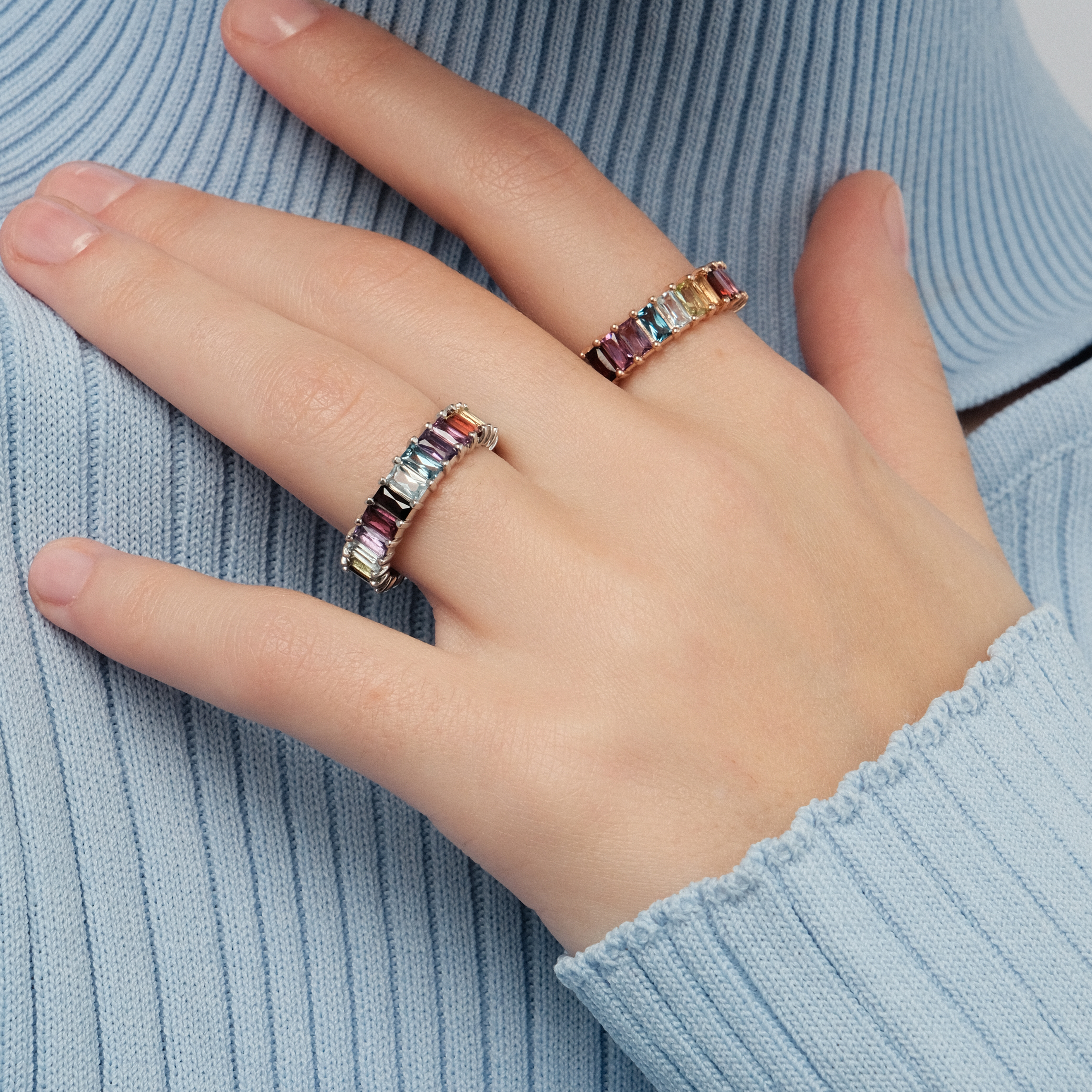 Rainbow ring made of cut stones baguette in gilding