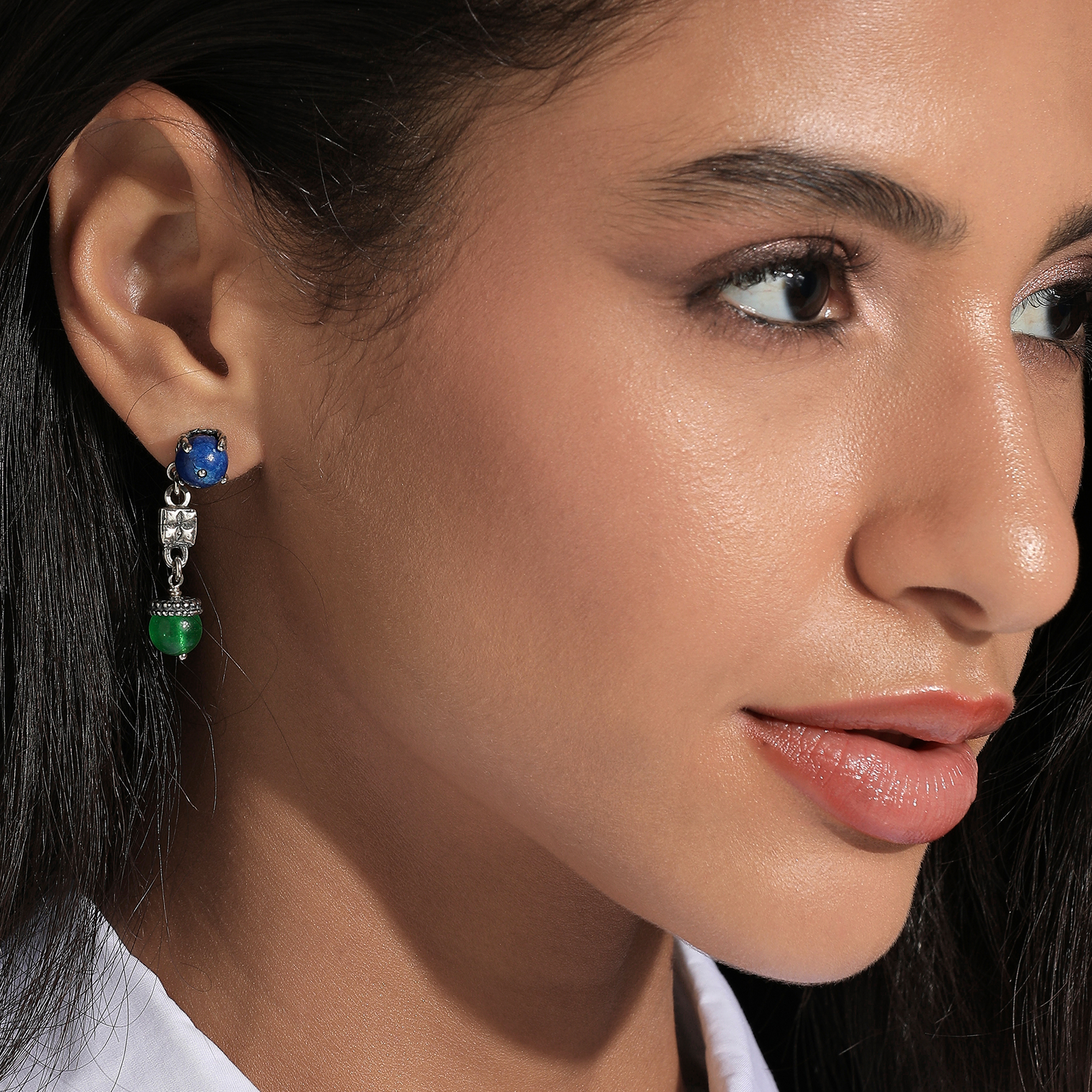 Silver earrings with inserts of blue and green Jadeite