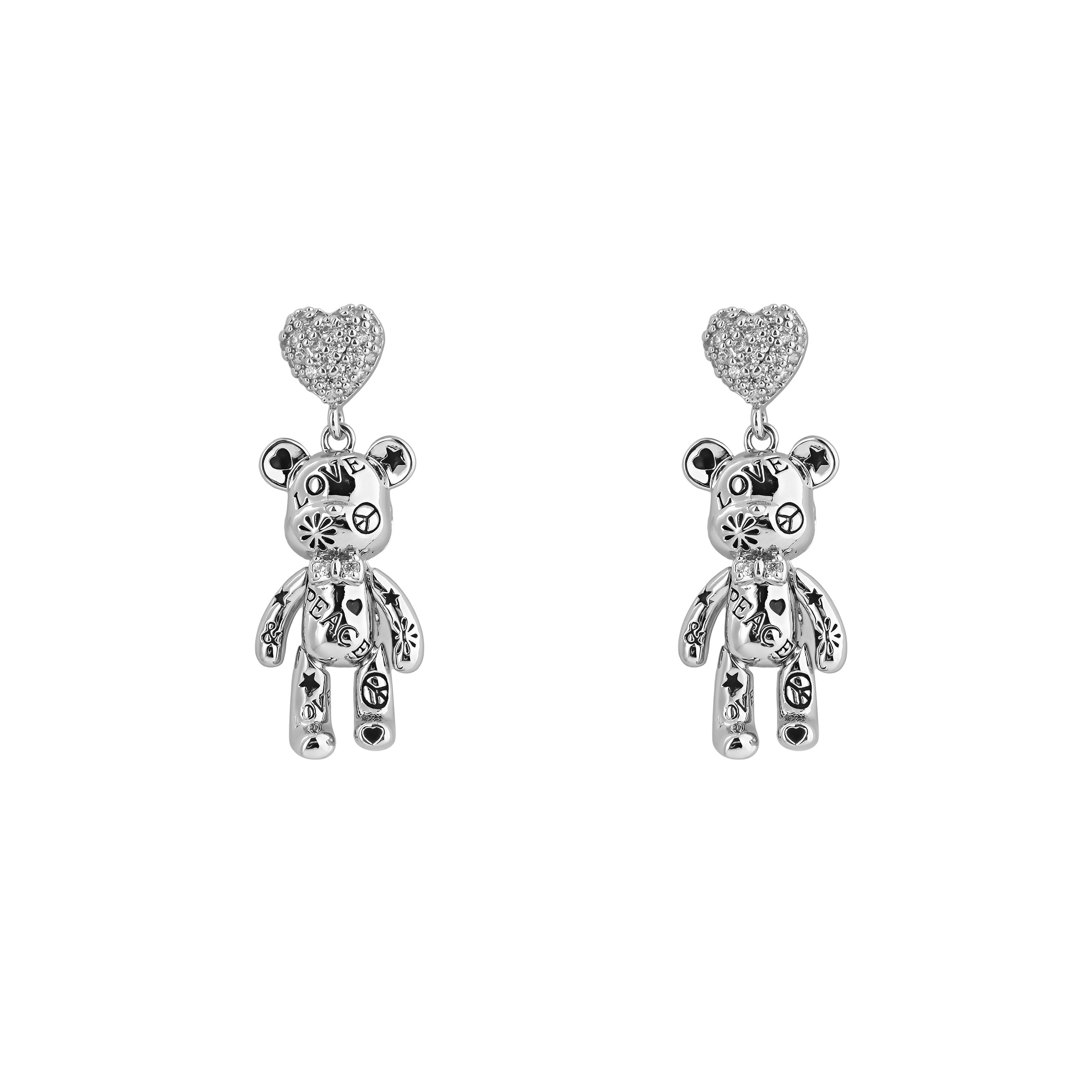 Silver teddy bear earrings with a heart